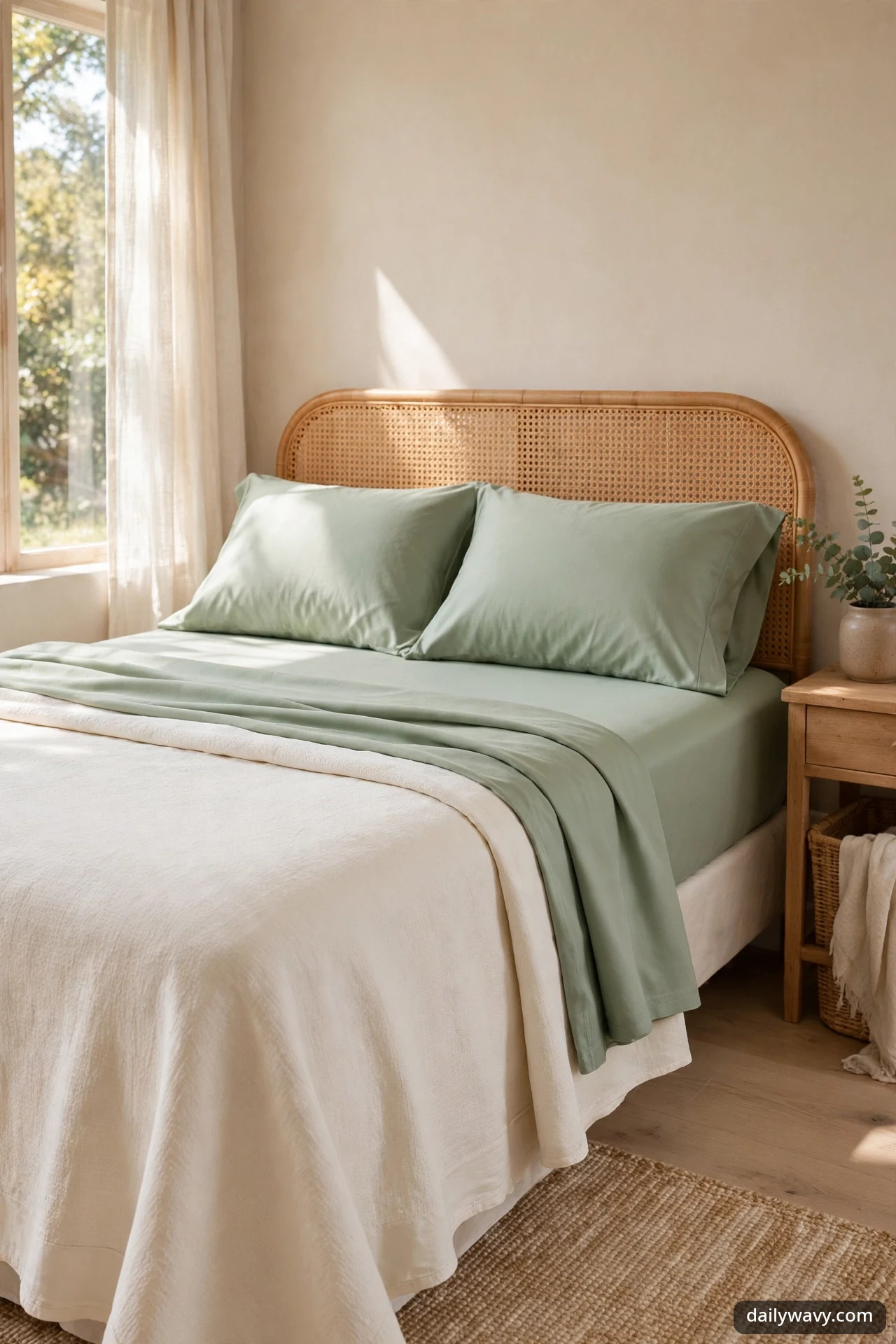 Sage green percale sheets folded back over an ivory coverlet on a bed with a rattan headboard