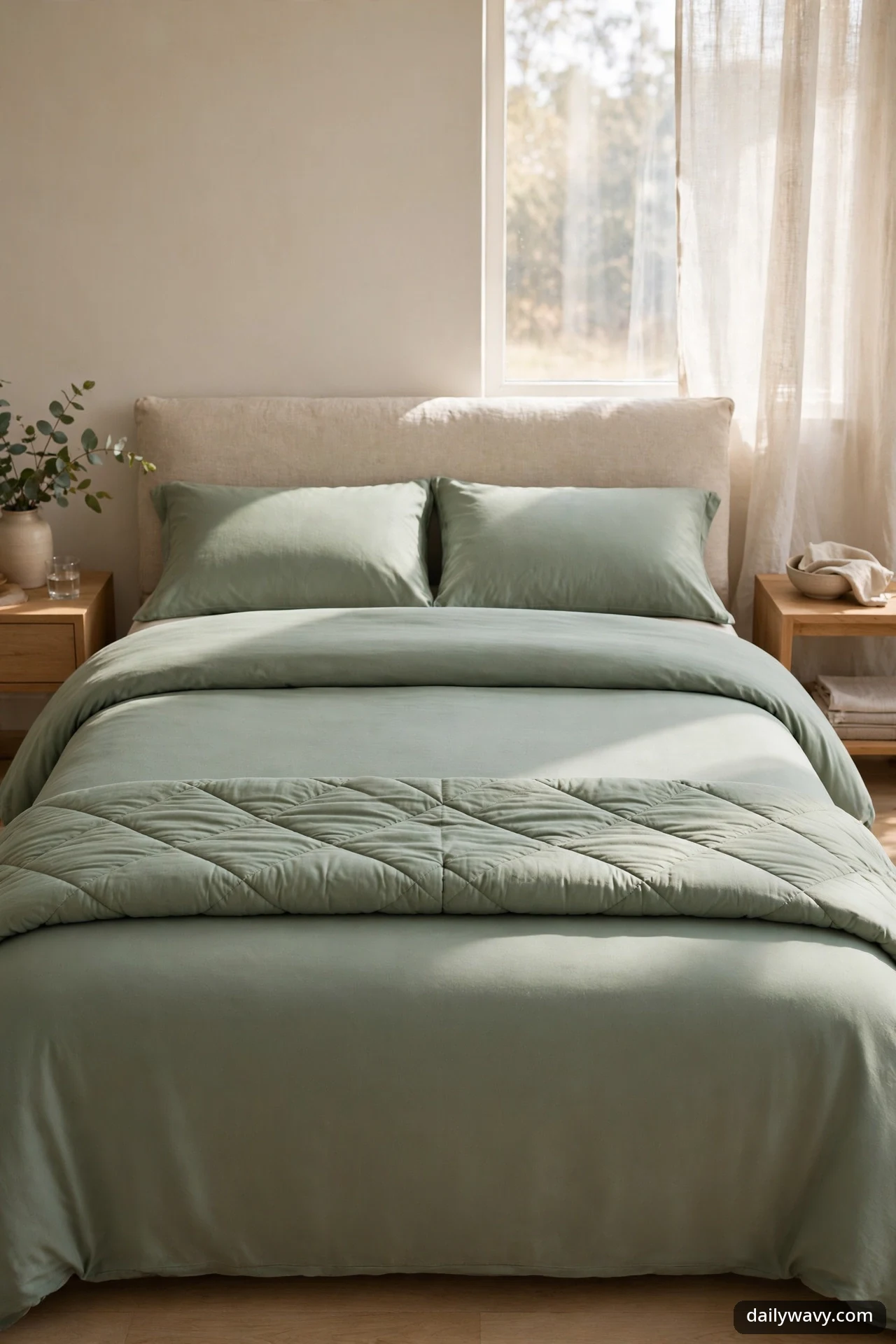 Quilted sage green band folded across the lower third of a bed dressed in sage bedding, with two sage pillows