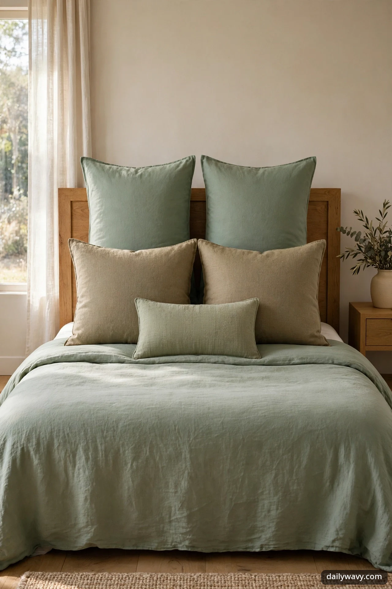 Two sage sleeping pillows behind two beige cushions and a pale sage lumbar pillow, layered on a bed with a wood headboard