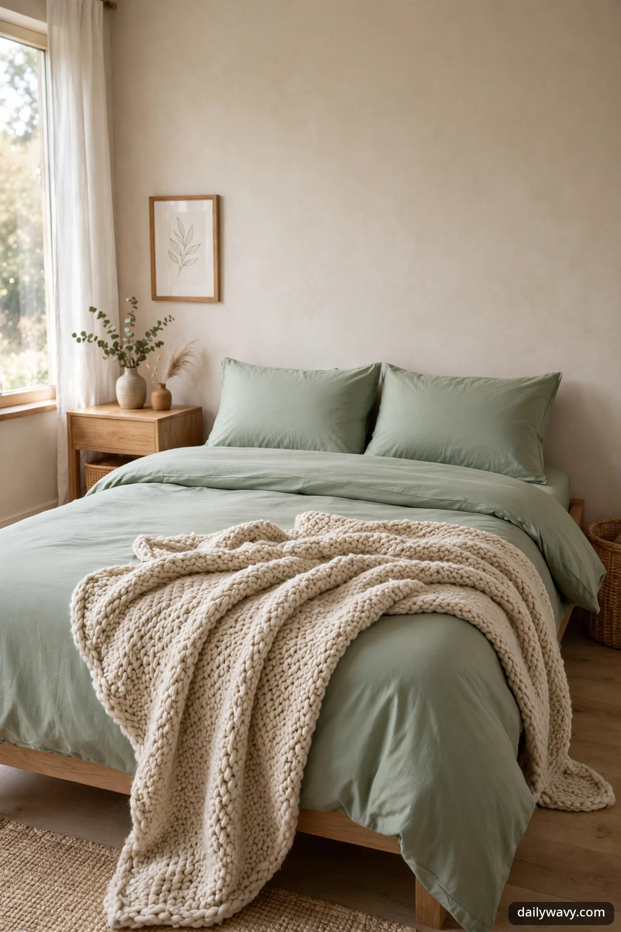 Chunky ivory knit throw draped loosely across the foot of a sage green bed