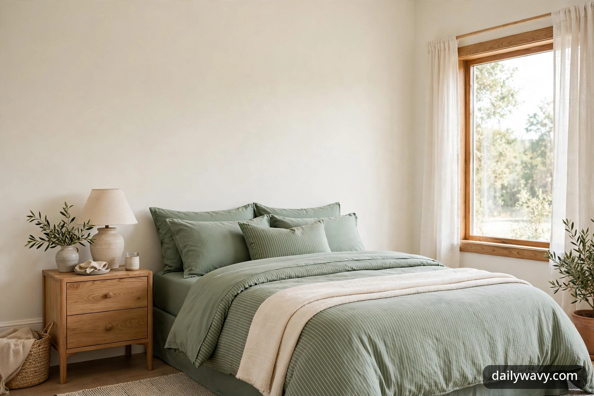Wide view of a bedroom with a bed dressed in sage green striped bedding, solid sage pillows, and a cream throw, beside a wooden nightstand with a lamp and a potted olive branch