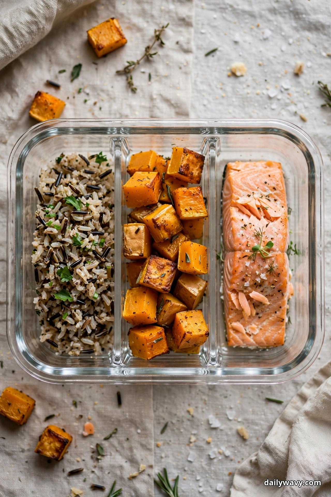 An overhead view shows a divided glass container holding wild rice blend, roasted butternut squash cubes and a baked salmon fillet