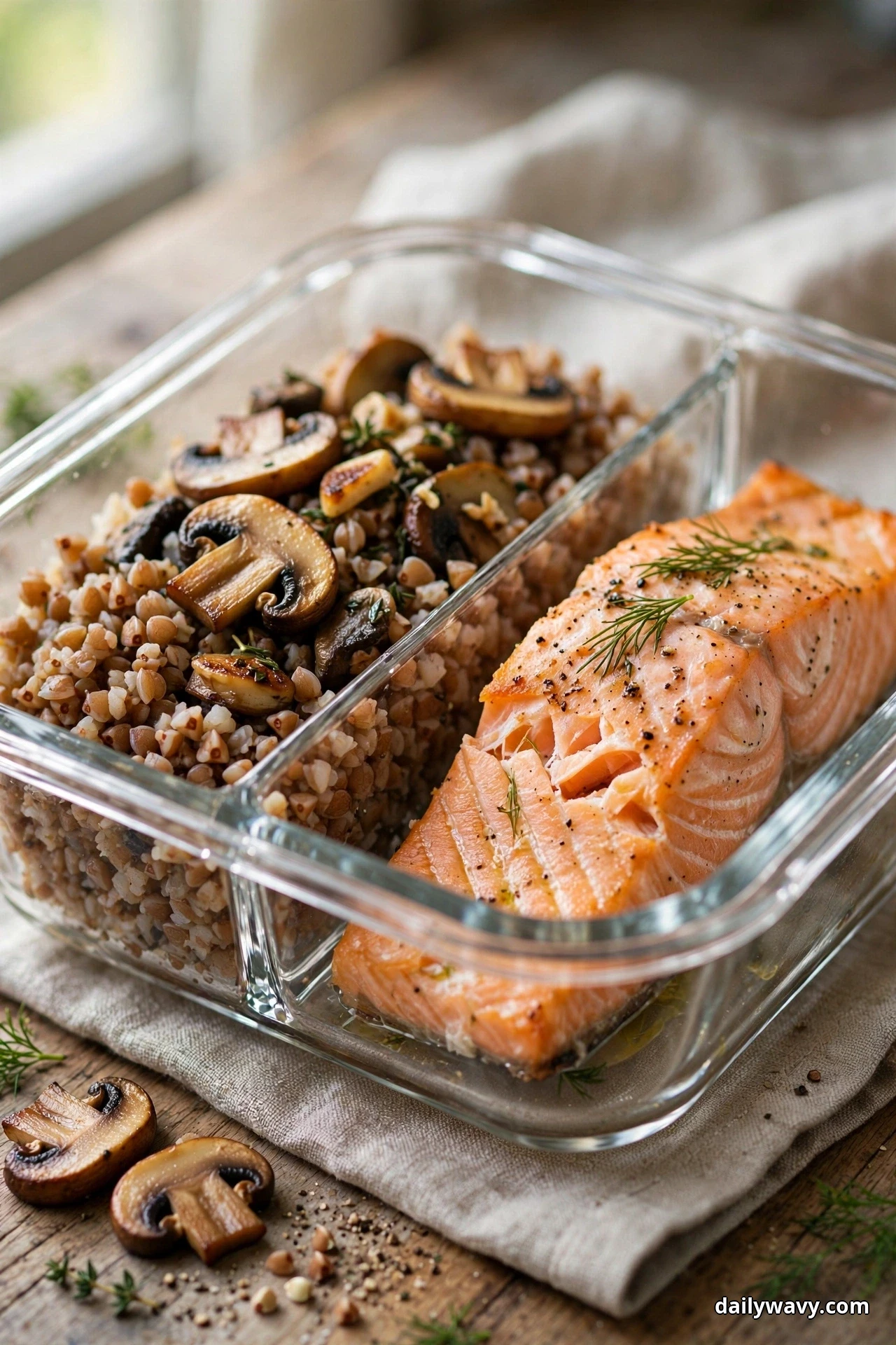 A divided glass container holds buckwheat topped with sauteed mushroom slices beside a baked salmon fillet garnished with dill
