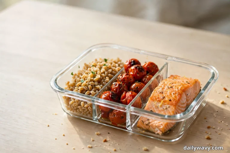 A divided glass container on a pale wooden table holds cooked farro, blistered roasted cherry tomatoes and a seasoned baked salmon fillet in separate compartments