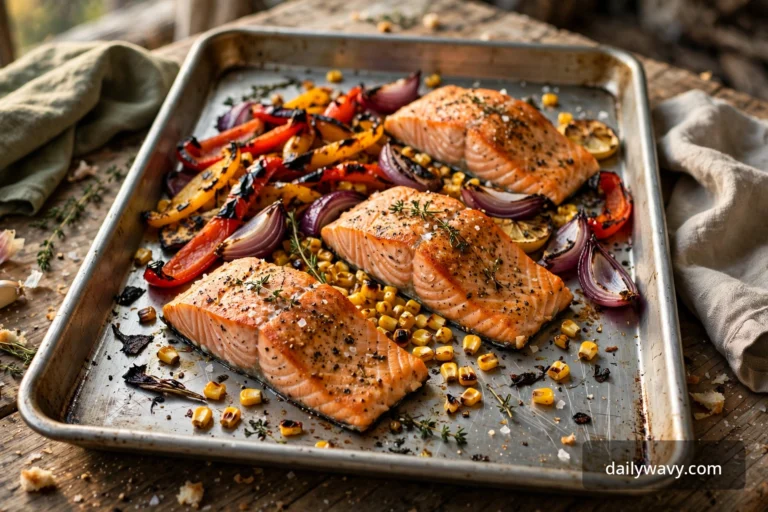 Sheet pan dinner with salmon fillets and roasted vegetables