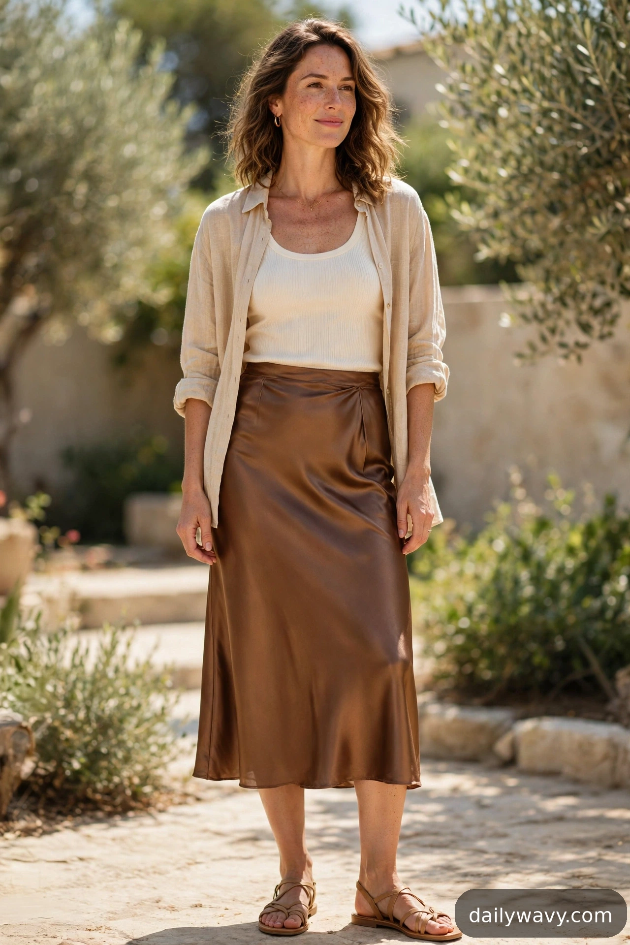 Adult wearing ribbed tank, linen shirt and sandals for satin midi skirt outfits