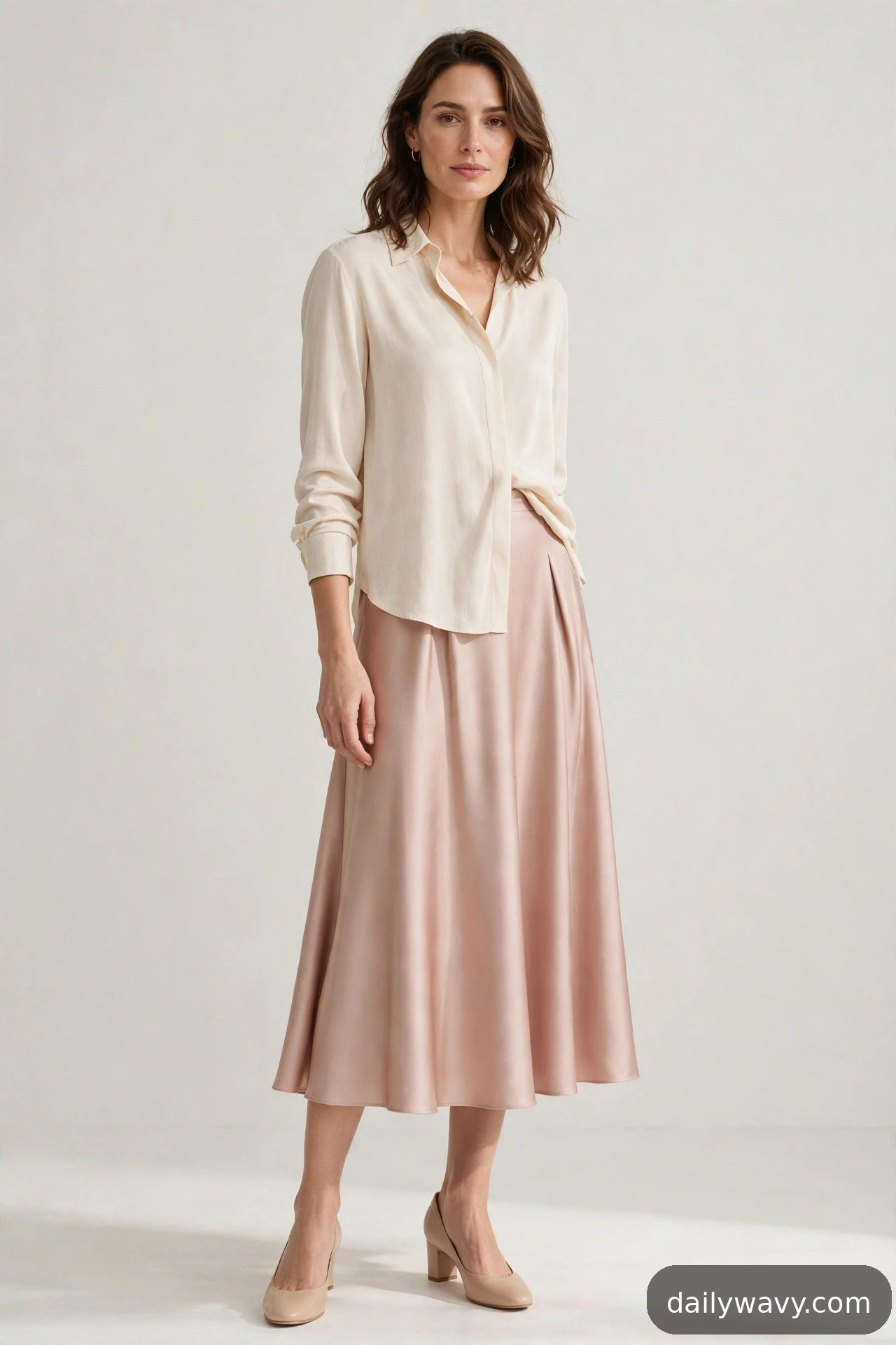Adult wearing soft blouse and low block heels for satin midi skirt outfits
