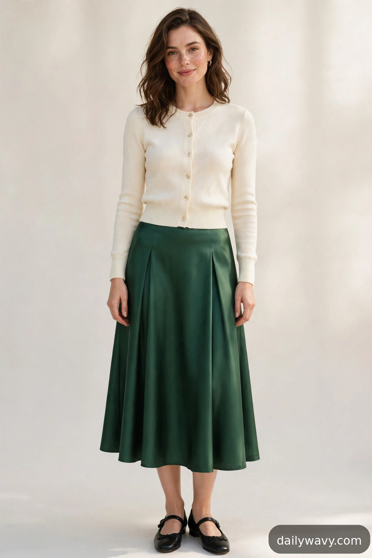 Adult wearing short cardigan and mary janes for satin midi skirt outfits