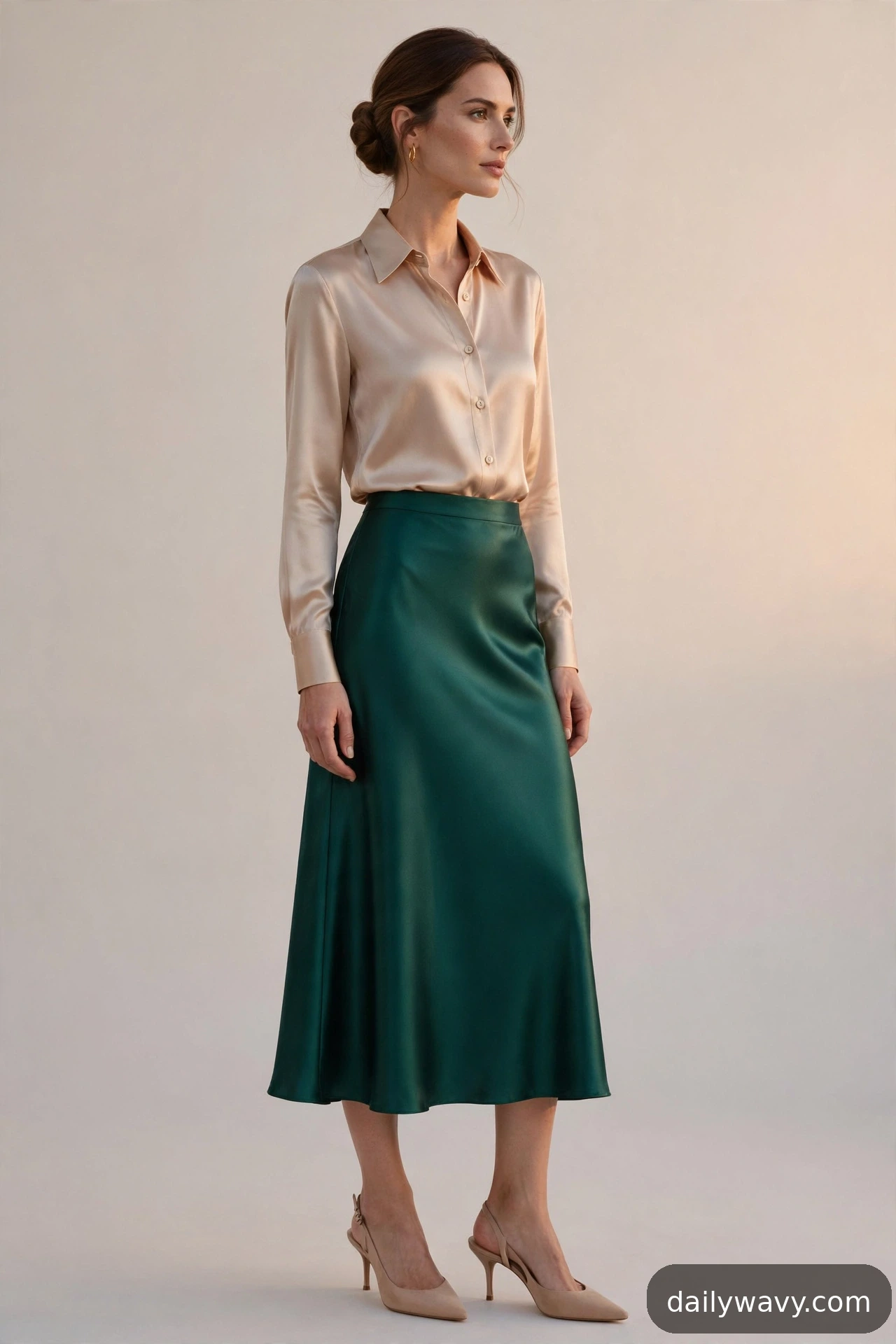Adult wearing silk-look shirt and slingbacks for satin midi skirt outfits