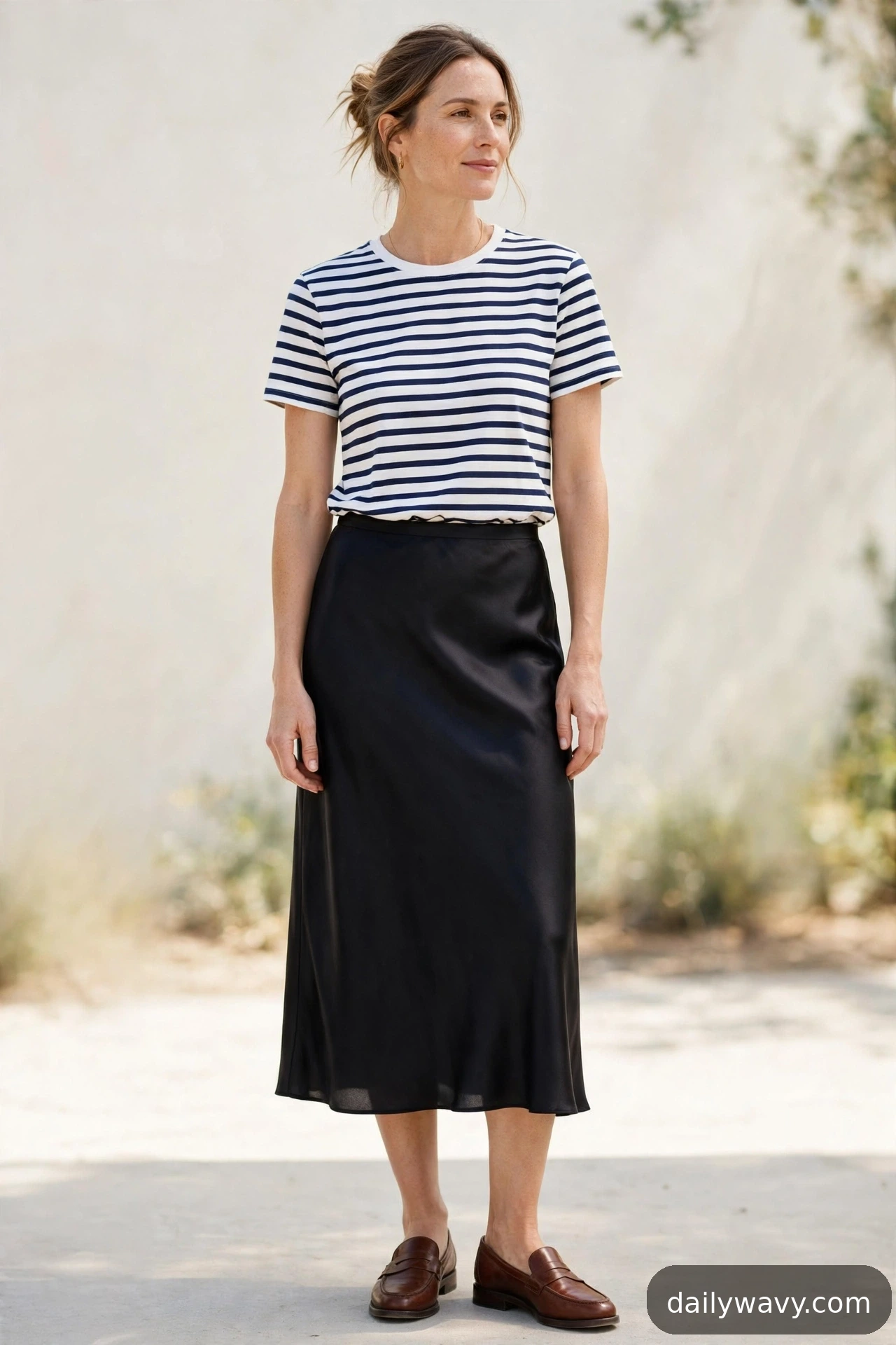 Adult wearing striped tee and loafers for satin midi skirt outfits