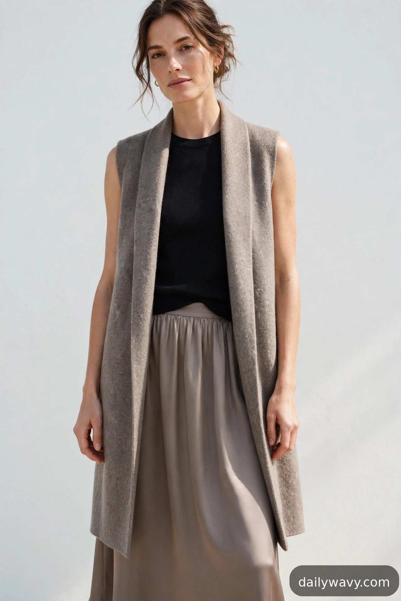 Adult wearing sleeveless knit with a long vest for satin midi skirt outfits