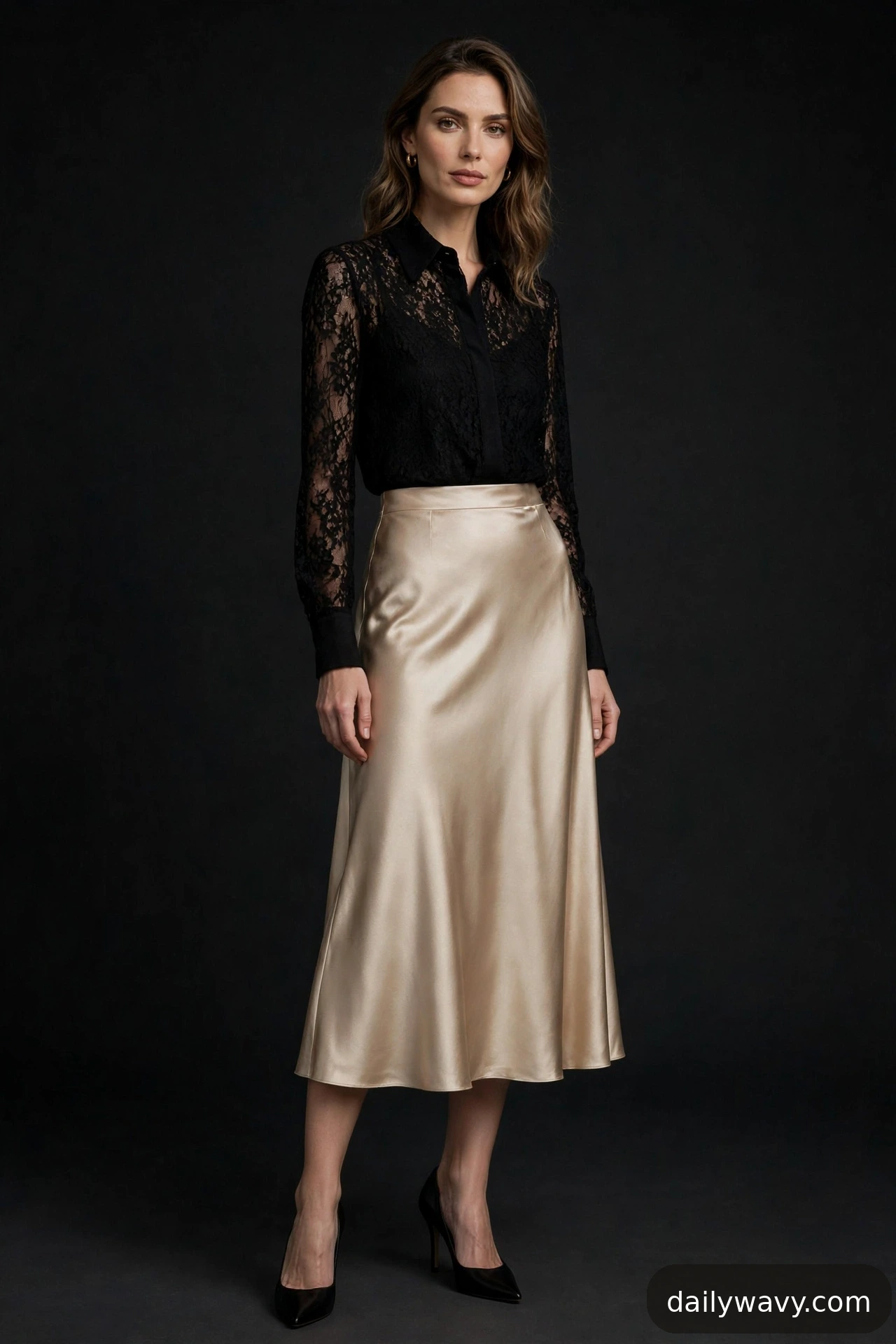 Adult wearing opaque lace blouse and pumps for satin midi skirt outfits