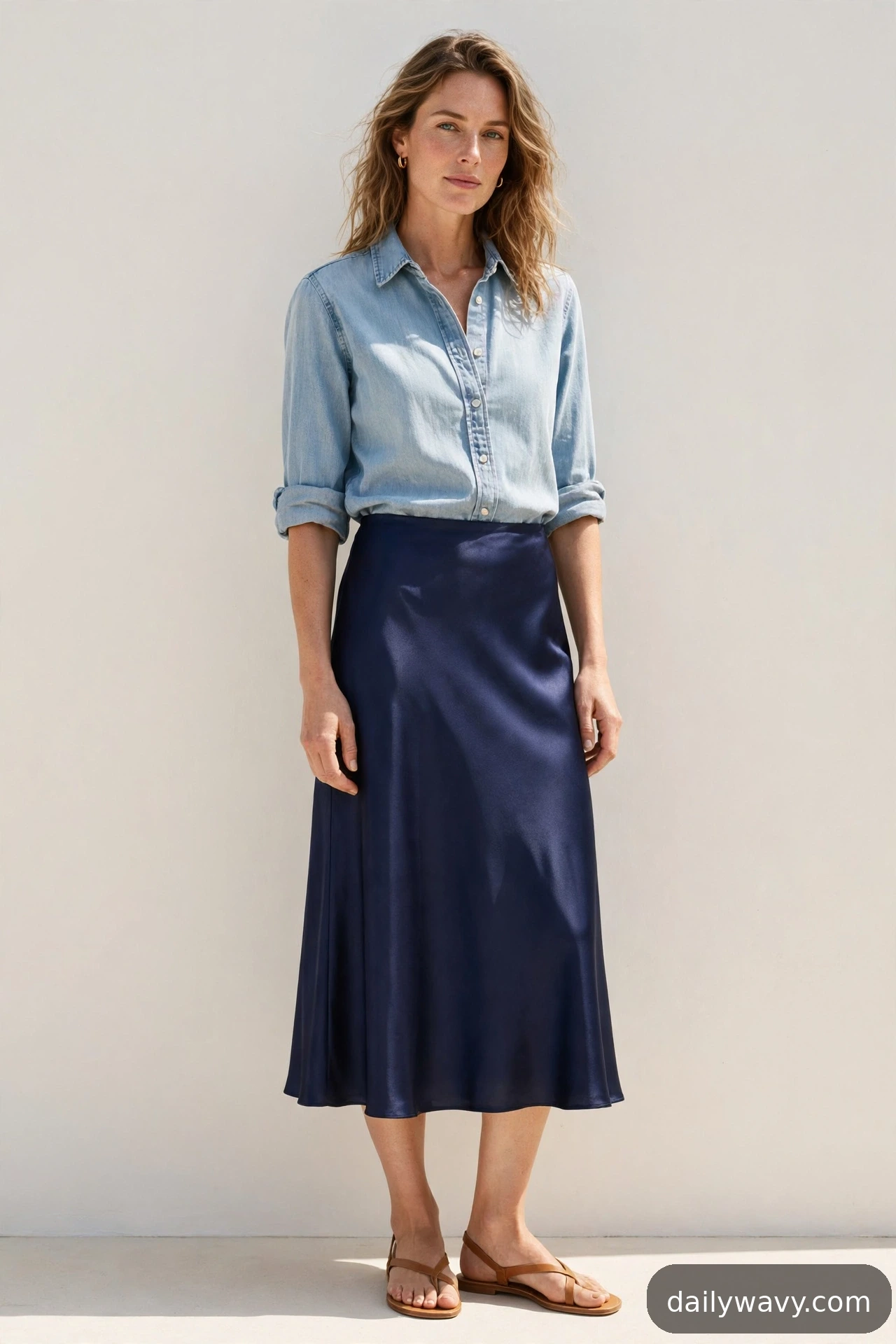 Adult wearing denim shirt and tan sandals for satin midi skirt outfits