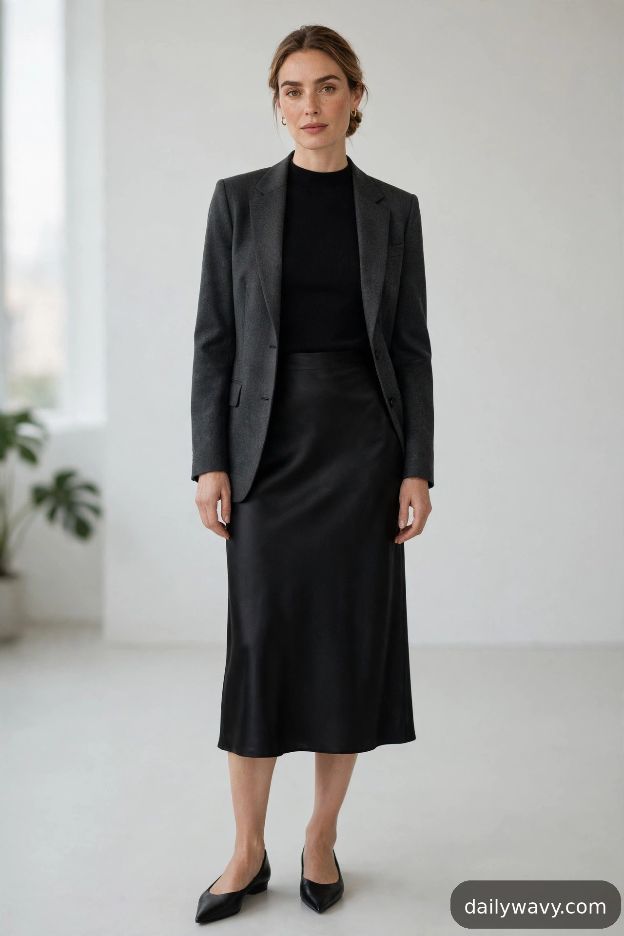 Adult wearing mock-neck top and a tailored blazer for satin midi skirt outfits