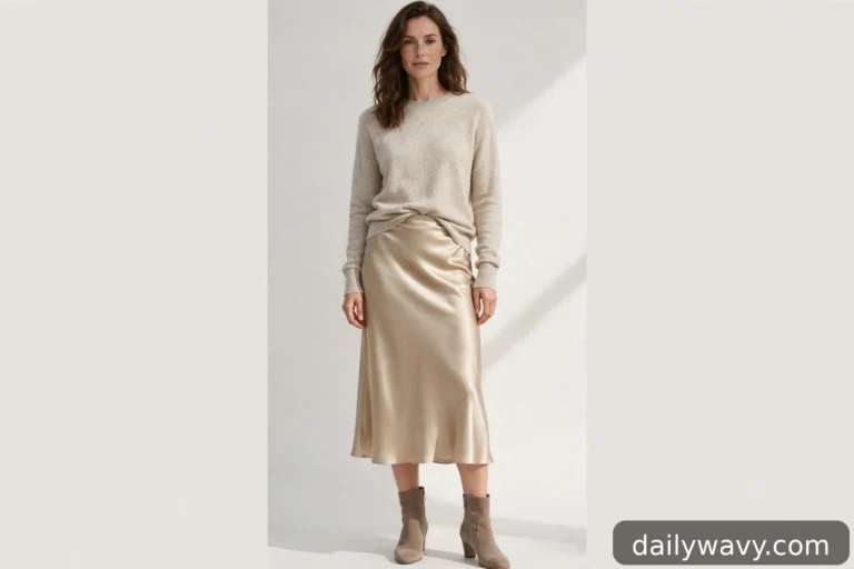 Satin midi skirt outfits shown in a complete styled scene