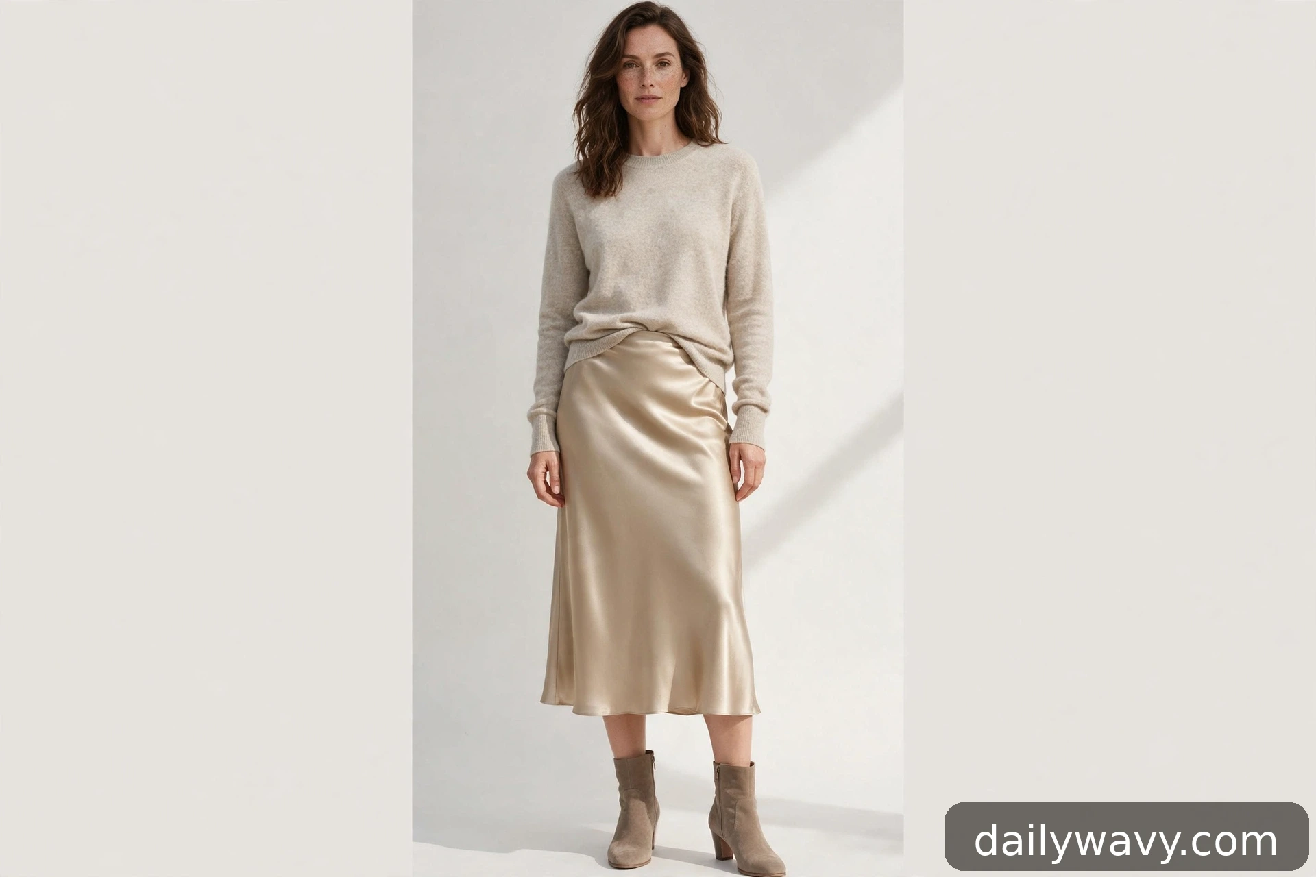 Satin midi skirt outfits shown in a complete styled scene