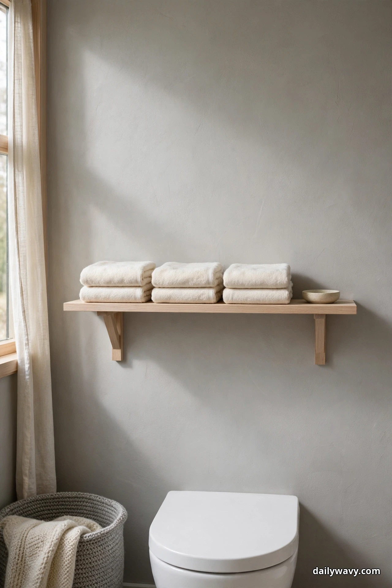 A light wood wall shelf mounted above a white toilet holds three stacks of folded cream towels and a small dish, with a woven basket of towels on the floor beside it