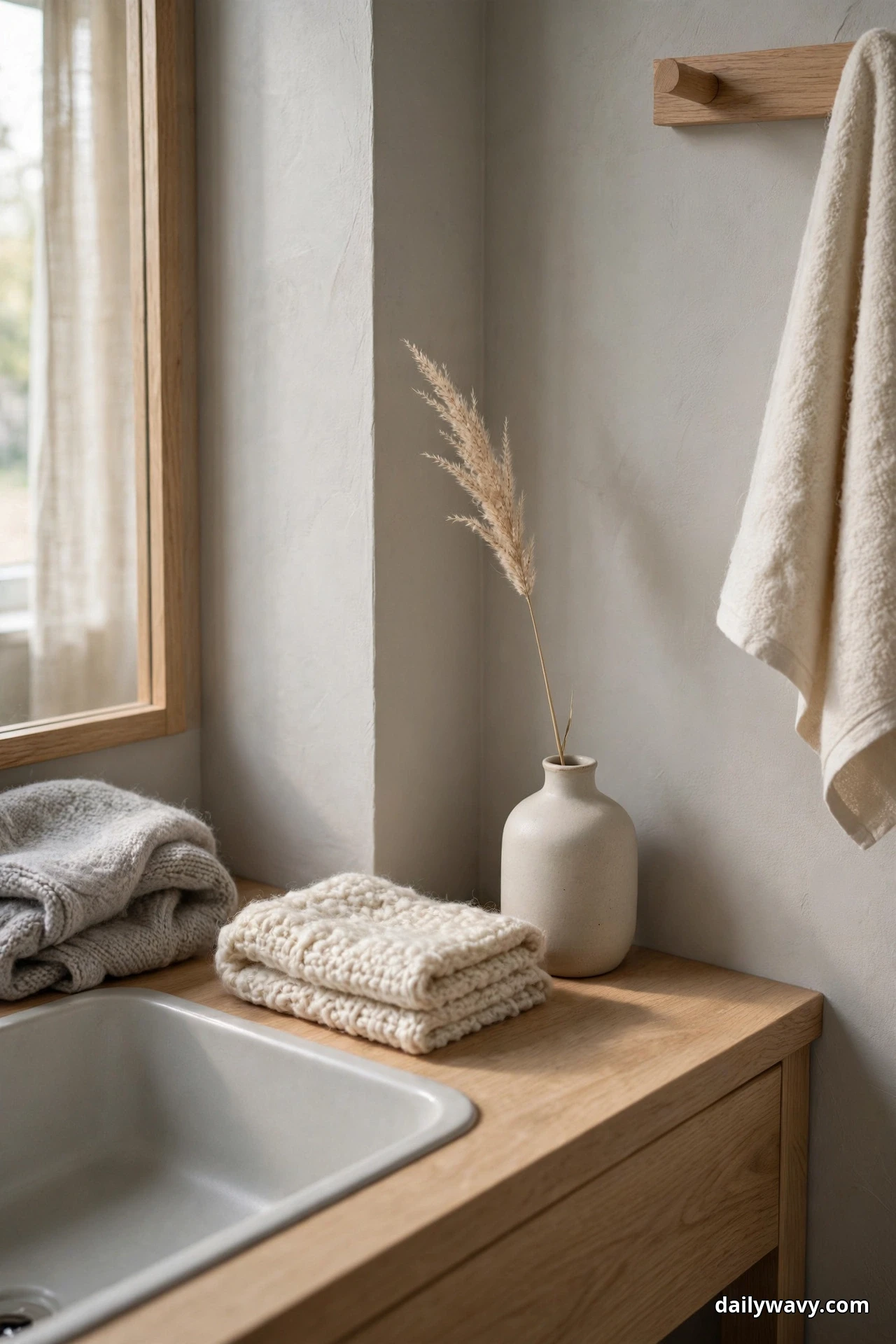 A small matte white vase holding a single dried grass stem stands on a light wood counter beside folded cream towels near a white sink