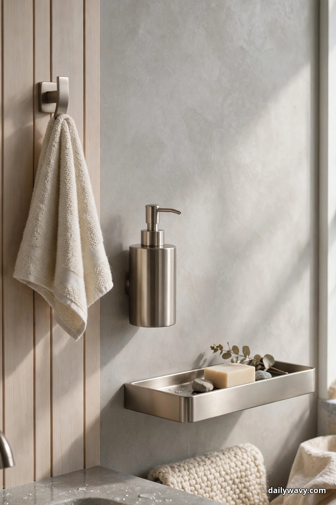A brushed stainless wall-mounted soap dispenser and a slim metal tray holding a bar of soap sit on a gray wall beside cream towels hanging on hooks