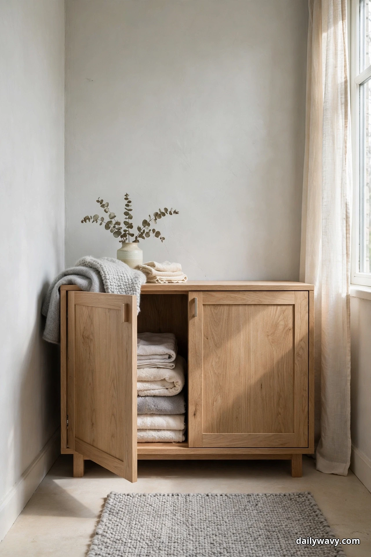 A low light oak cabinet with one door open shows folded towels stacked inside, with a small vase of greenery and folded linens resting on top