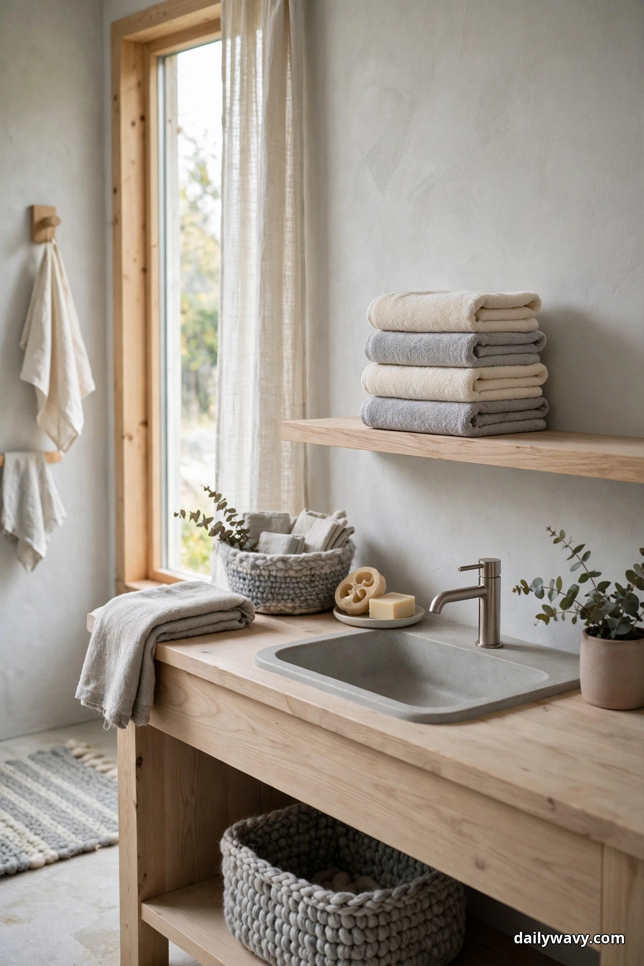 A neat stack of folded towels in cream, soft gray and blue-gray rests on a light wood wall shelf above a wood vanity with a gray sink