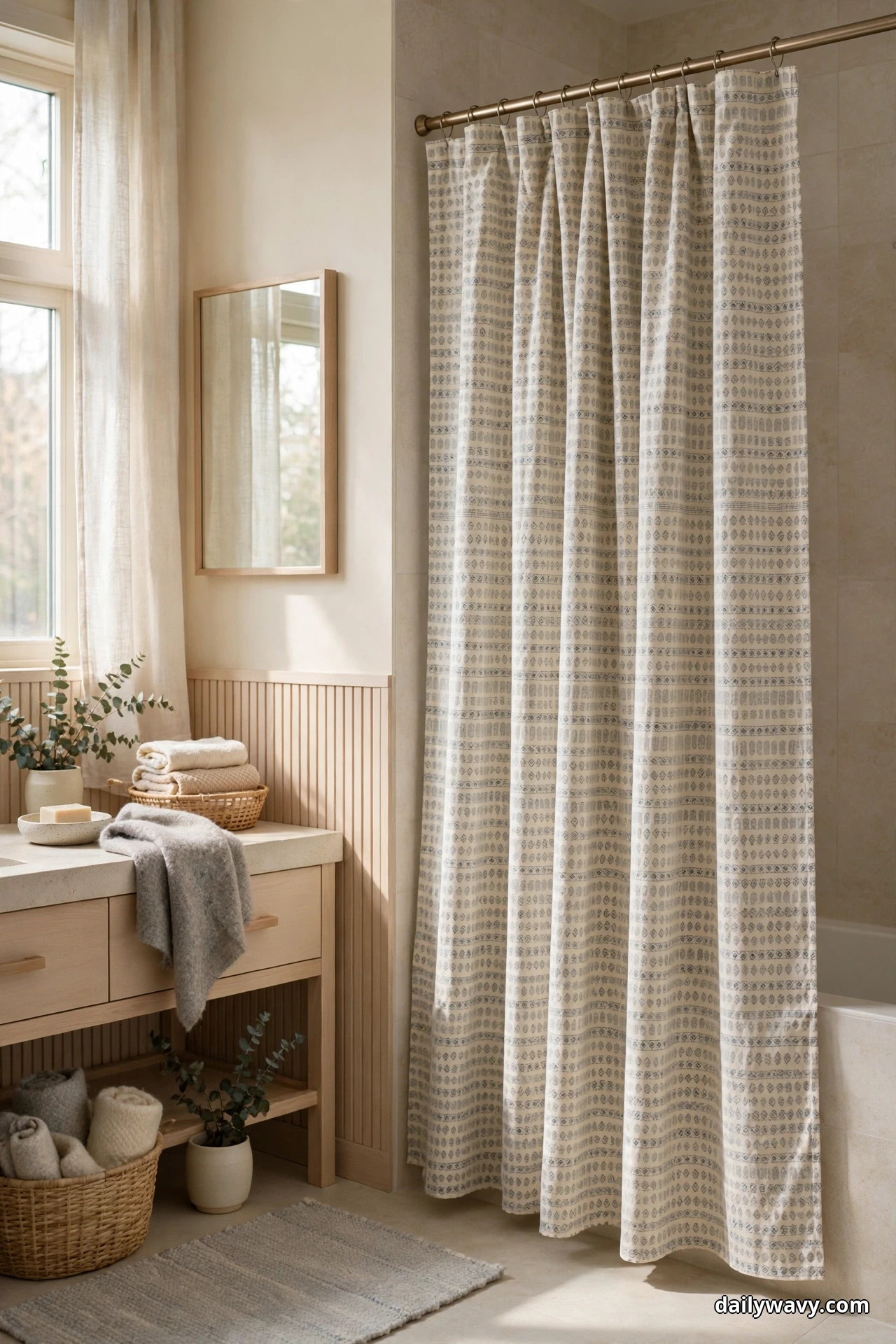 A cream shower curtain with a small gray grid pattern hangs from a brass rod beside a light wood vanity with folded towels and a woven basket