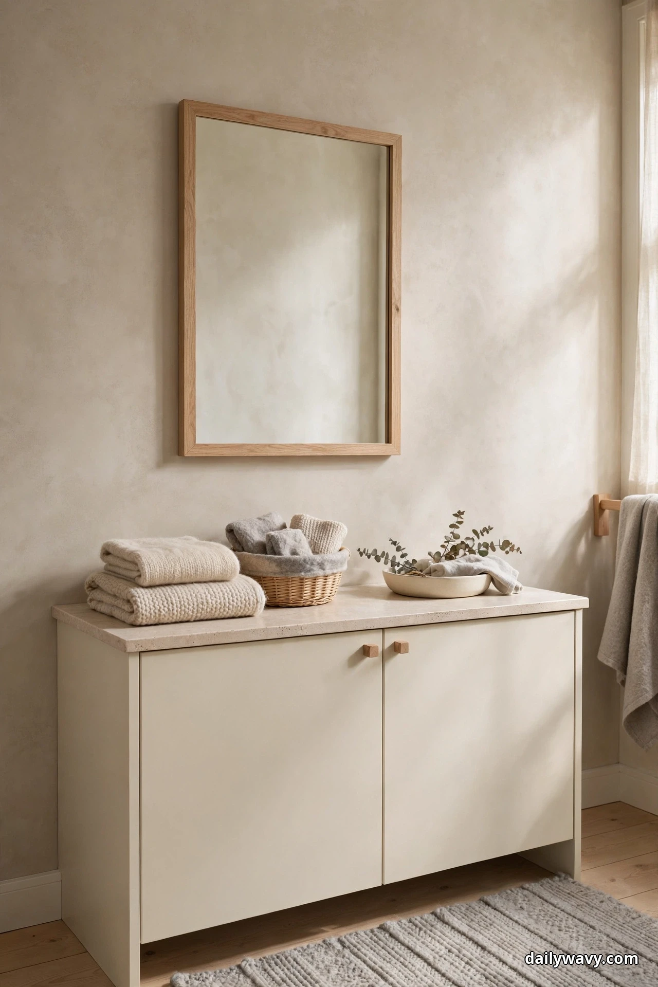 A soft neutral painted wall holds a light wood framed mirror above a cream cabinet topped with folded towels and small woven bowls