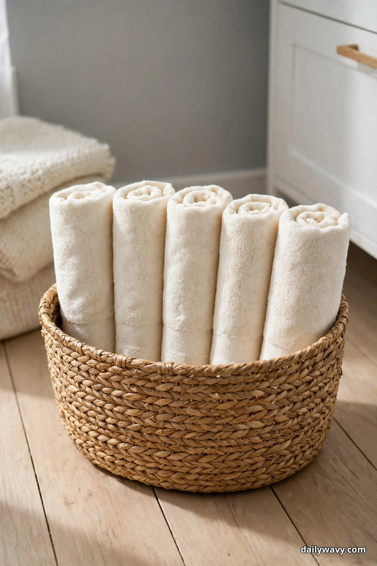 A woven seagrass basket on a light wood floor holds five cream towels rolled upright so their rounded tops show in a row
