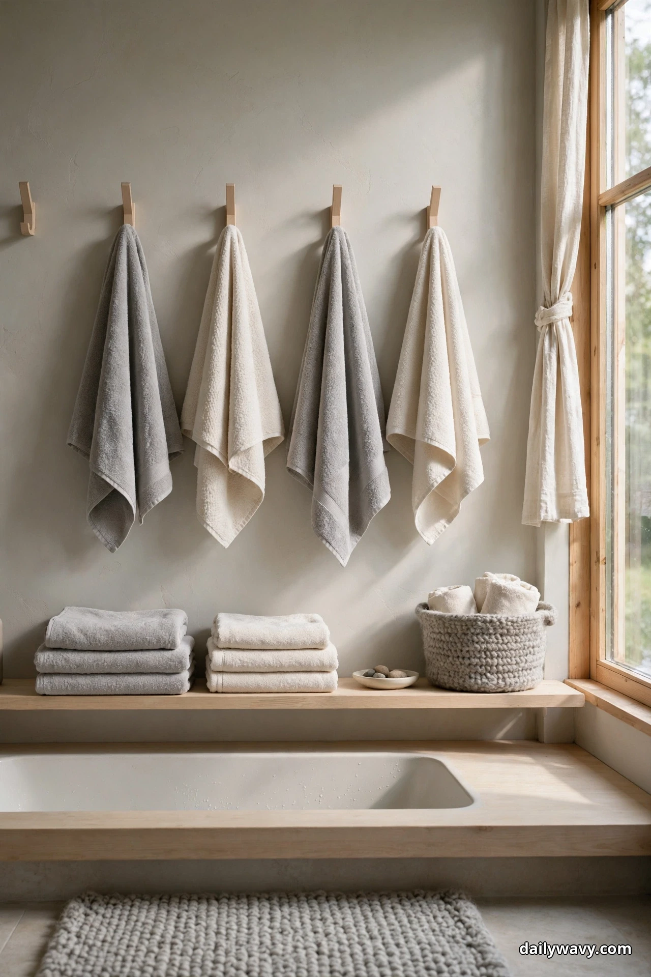 Cream and gray towels hang on wooden peg hooks above a low bench stacked with folded towels, keeping the wall to two neutral colors beside a bathtub