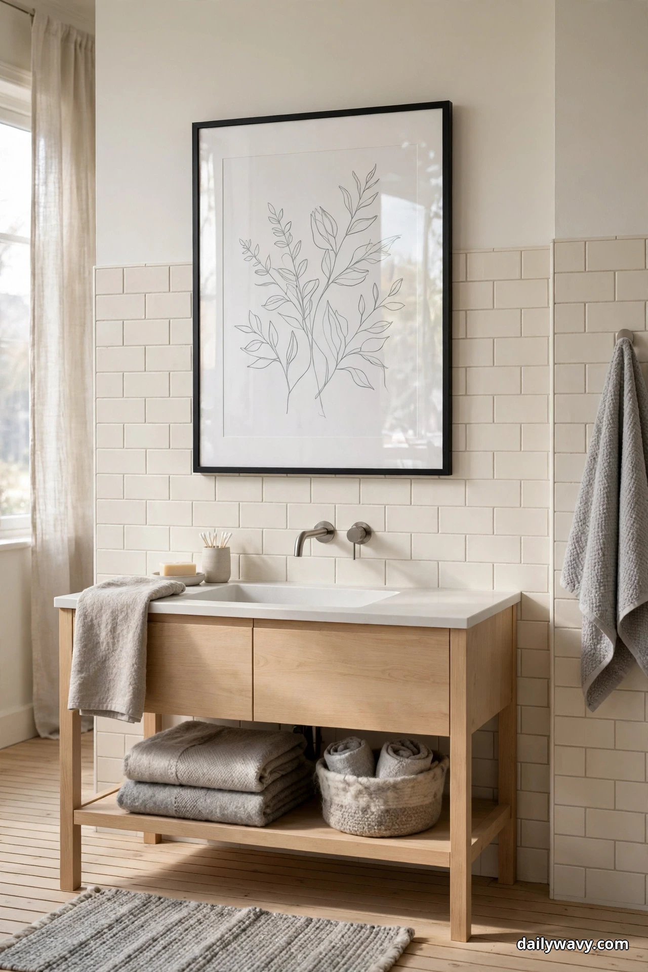 A black-framed botanical line print hangs on a cream tiled wall above a light wood vanity with an open shelf of folded towels and a woven basket