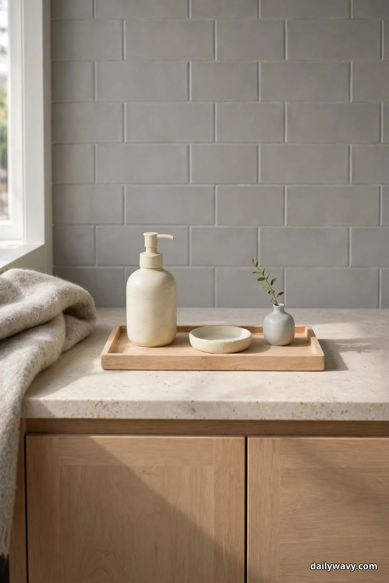 A light wood tray on a stone countertop holds a cream pump bottle, a small ring dish and a tiny vase with a single green sprig