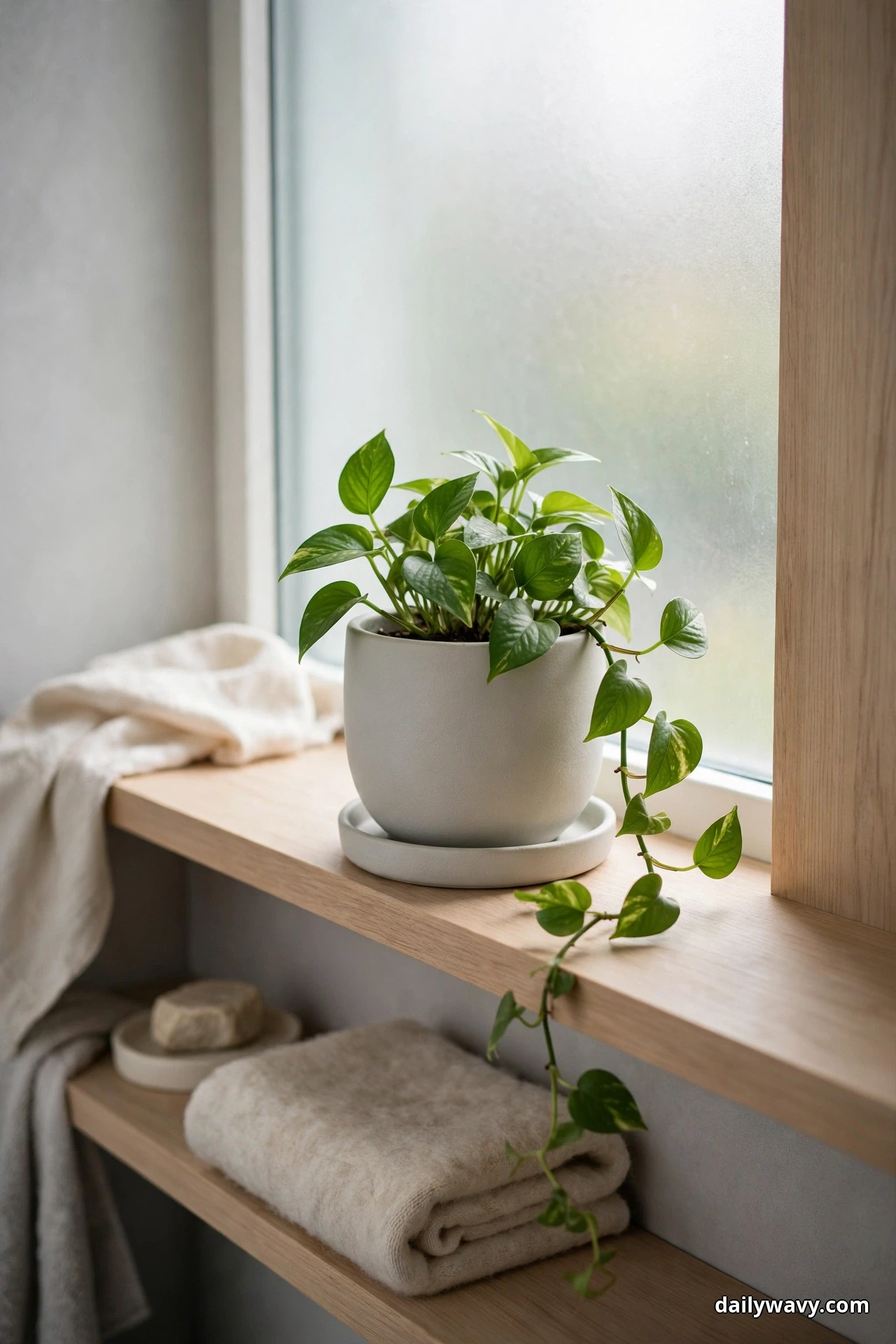 A potted pothos in a pale ceramic pot sits on a saucer on a wood windowsill shelf beside a frosted bathroom window, its vines trailing down the wall