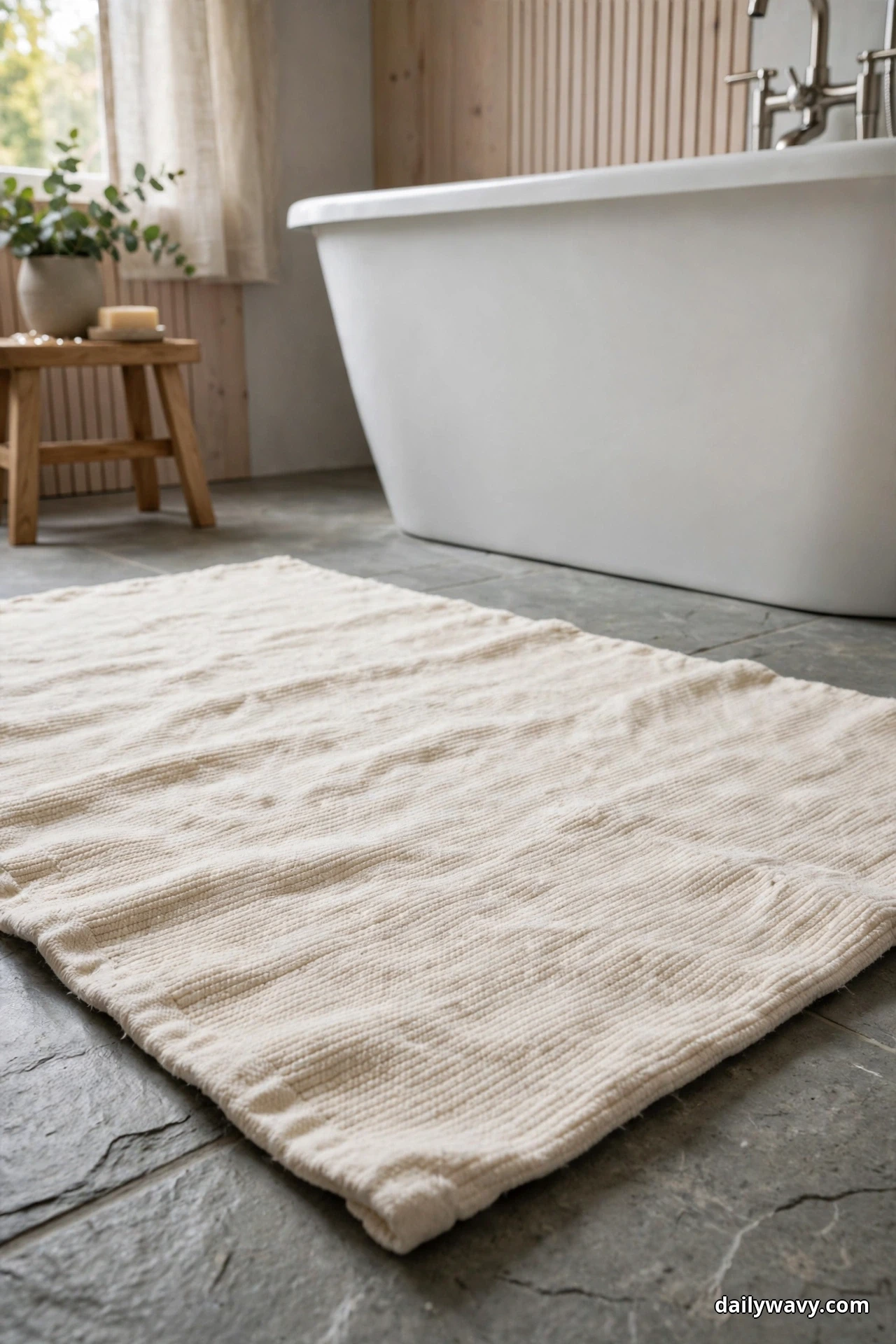A cream textured flat-weave bath mat lies on a dark stone floor in front of a white freestanding bathtub