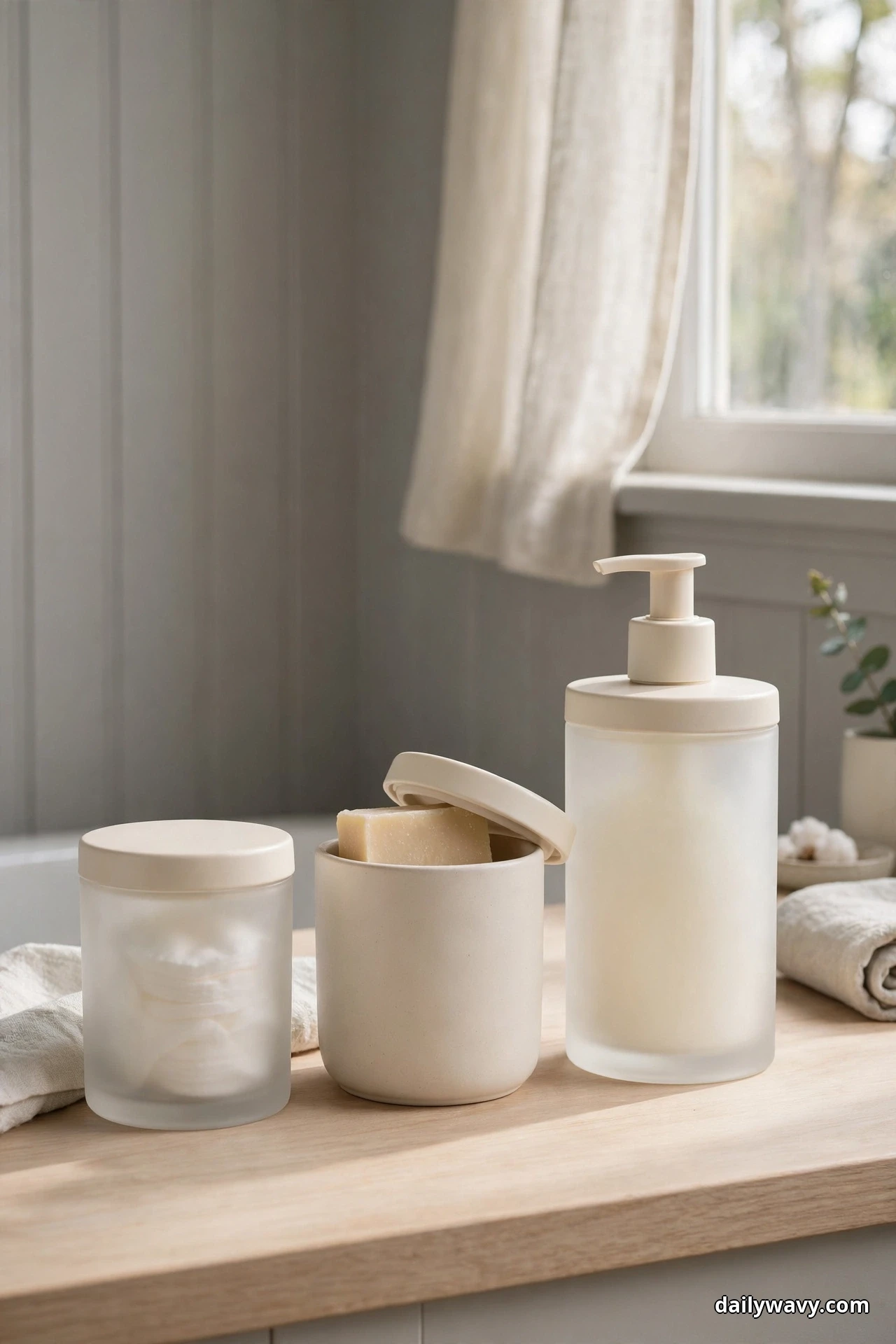 A consistent set of cream and frosted glass containers with matching lids, including a pump bottle and lidded jars, stands on a light wood surface