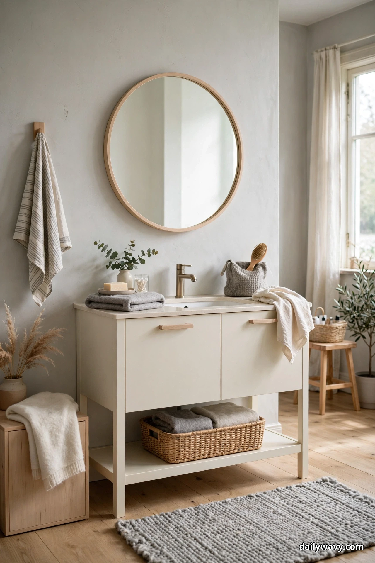 A round mirror with a thin light wood frame hangs above a cream vanity with an open shelf holding a woven basket of folded towels
