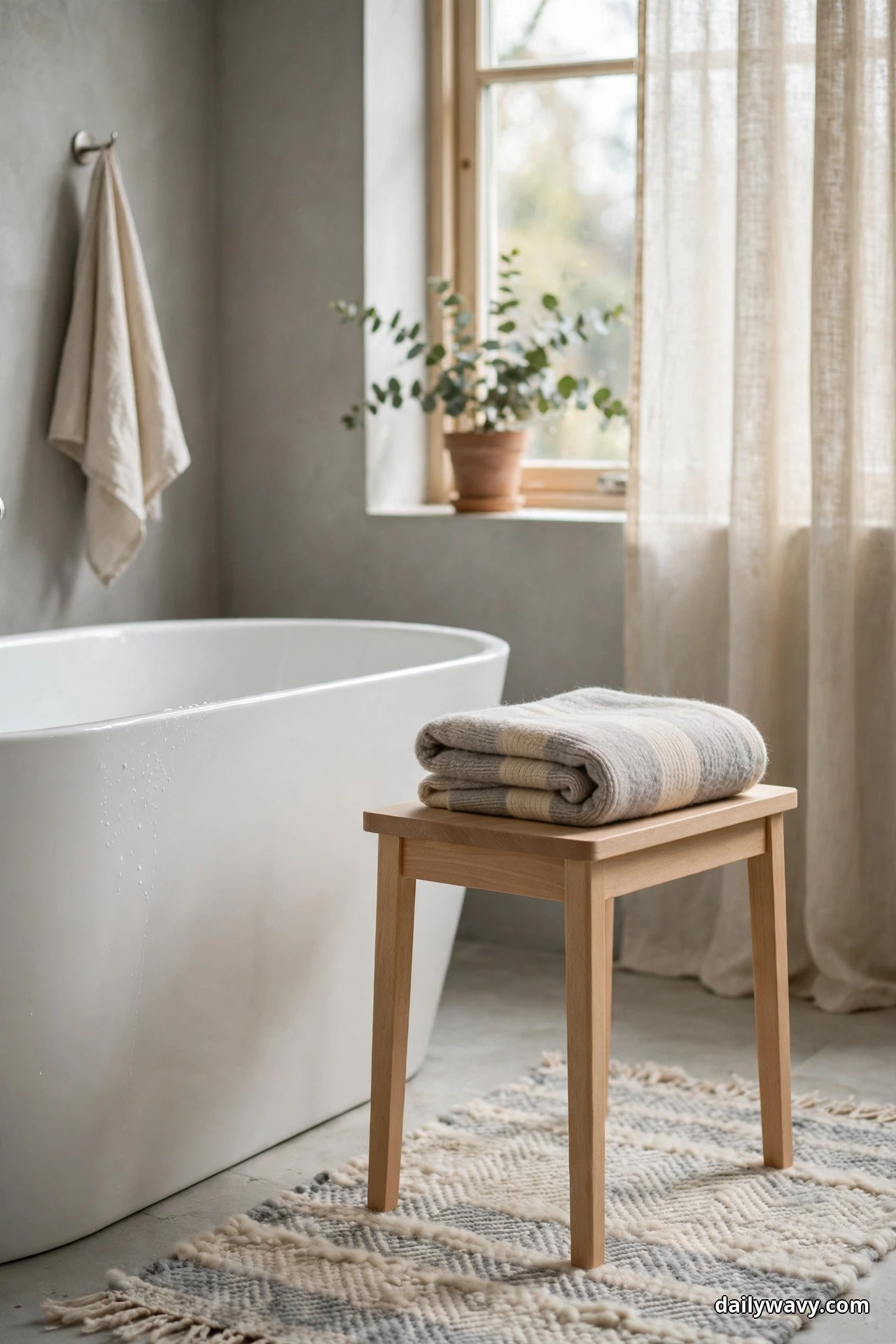 A small light wood stool holding folded cream towels stands beside a white freestanding bathtub on a patterned rug