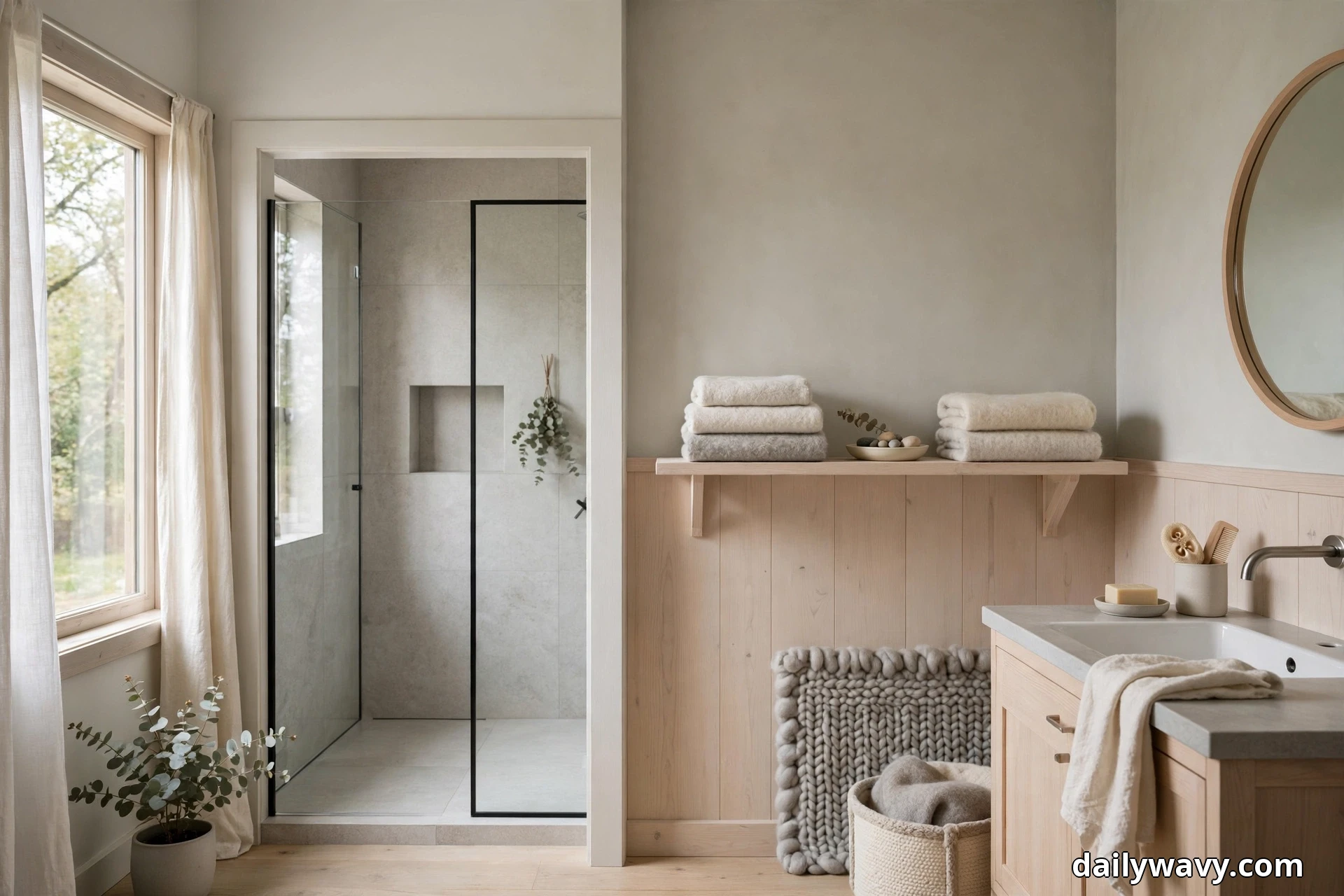 A Scandinavian bathroom centers on a light wood wall shelf holding folded cream and gray towels above pale wood paneling, with a glass shower enclosure through the doorway at left and a round wood-framed mirror over the vanity at right