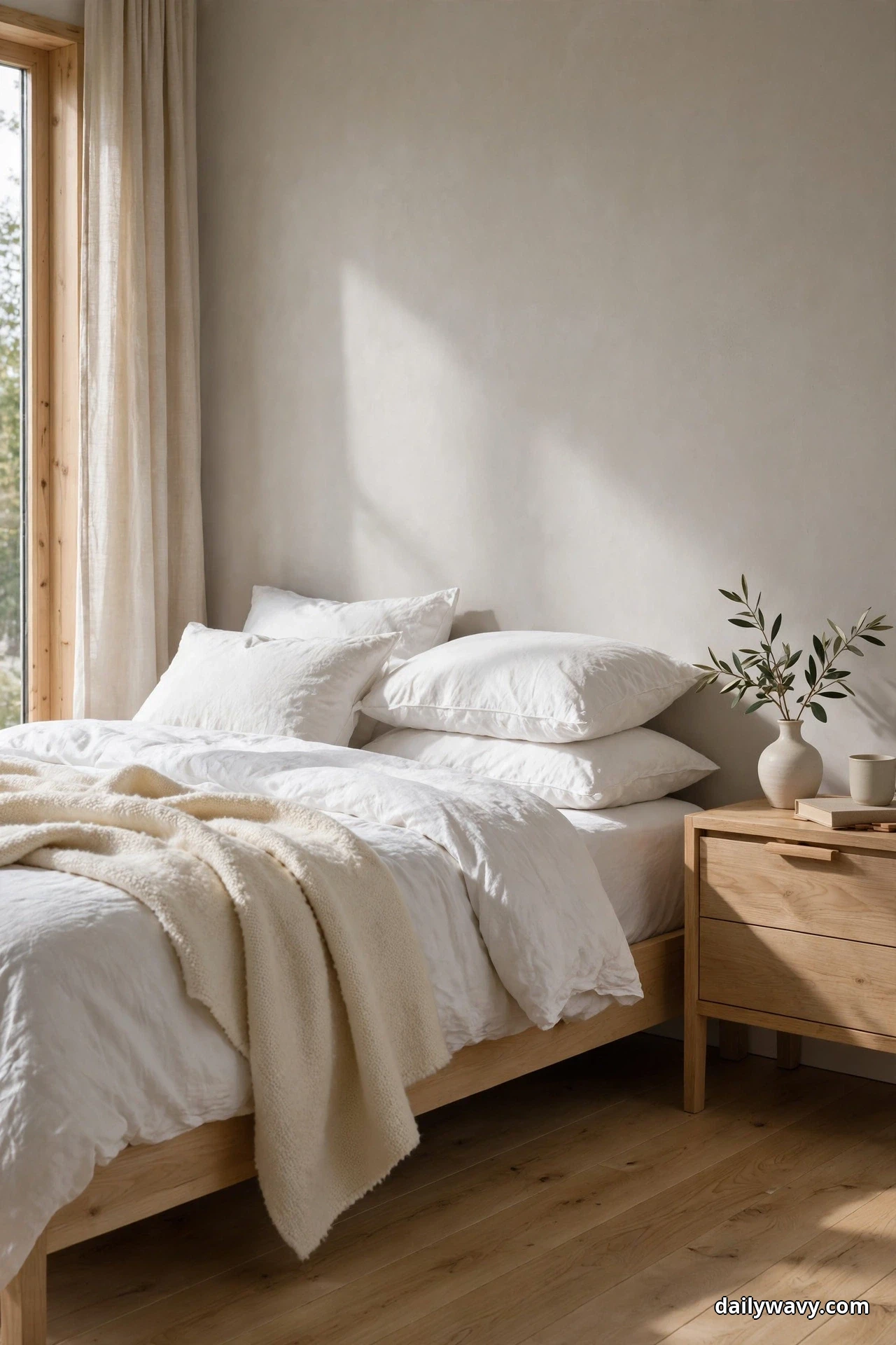 A light wood bed with white bedding and a cream throw draped across its foot stands against a pale wall beside a light wood nightstand holding a vase of greenery