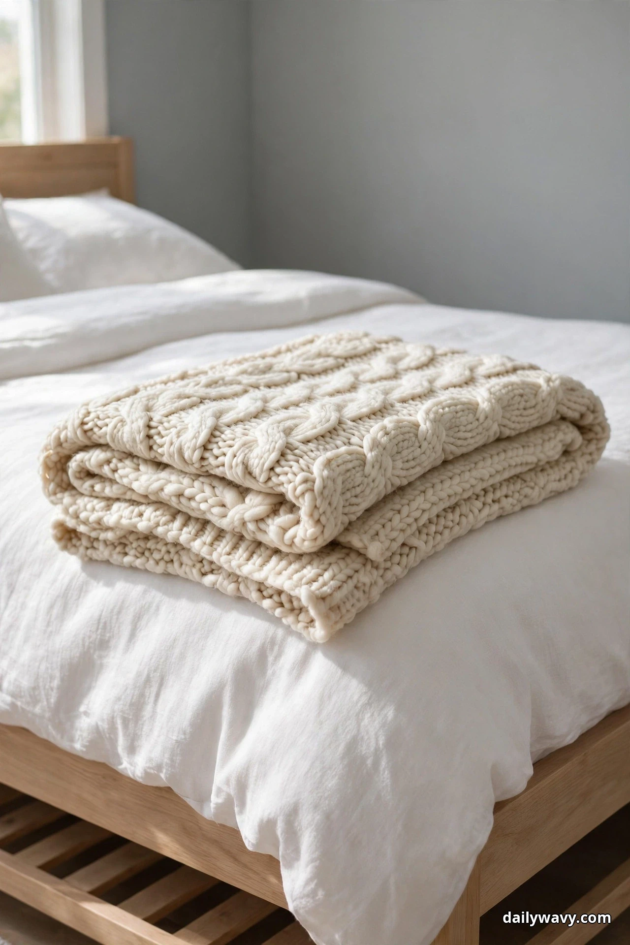 A chunky cream cable-knit throw lies folded in a neat stack on white bedding at the foot of a light wood bed