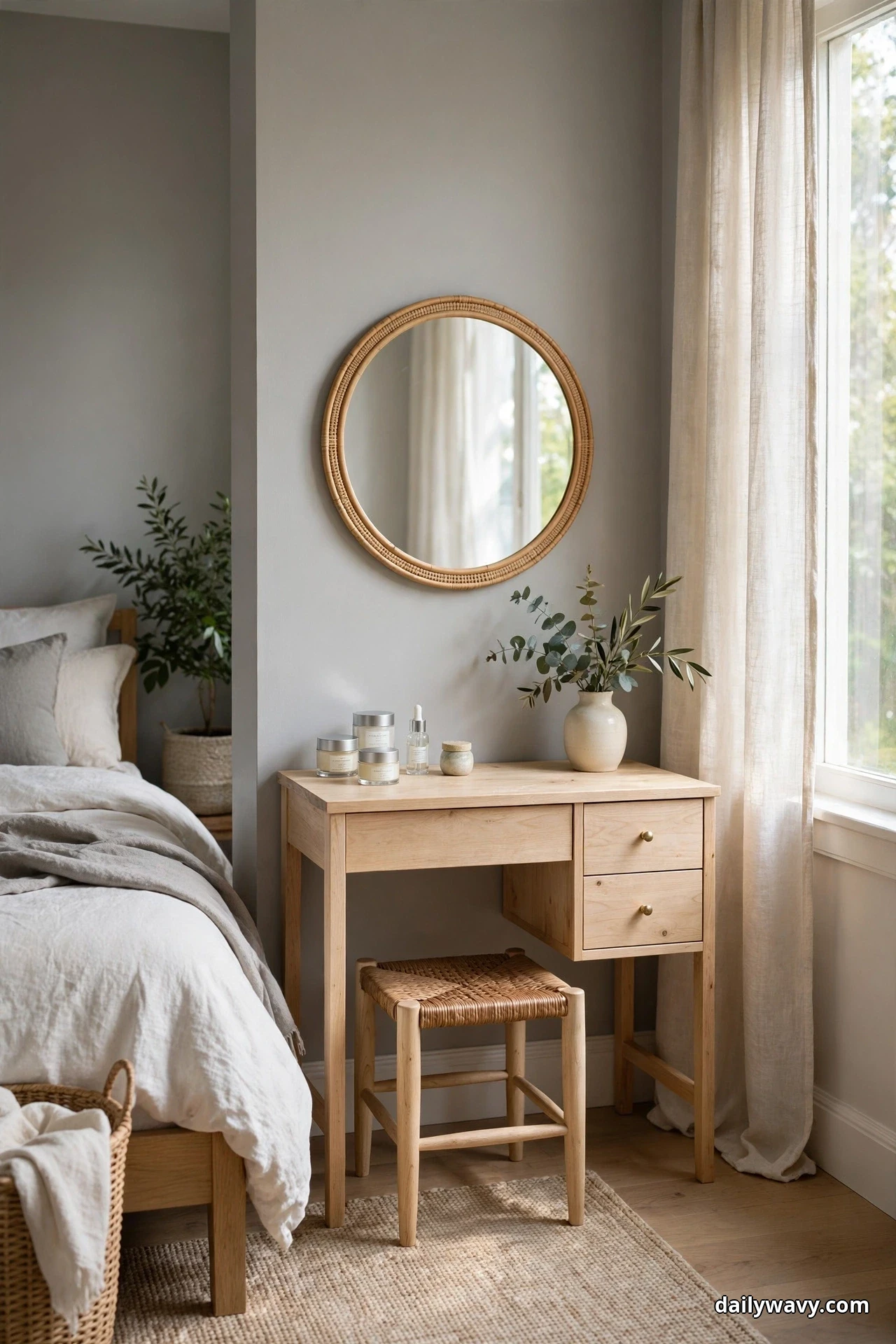 A small light wood writing desk with a round mirror above it and a woven stool tucked underneath sits in a bedroom corner beside a window, with the edge of a bed at the left