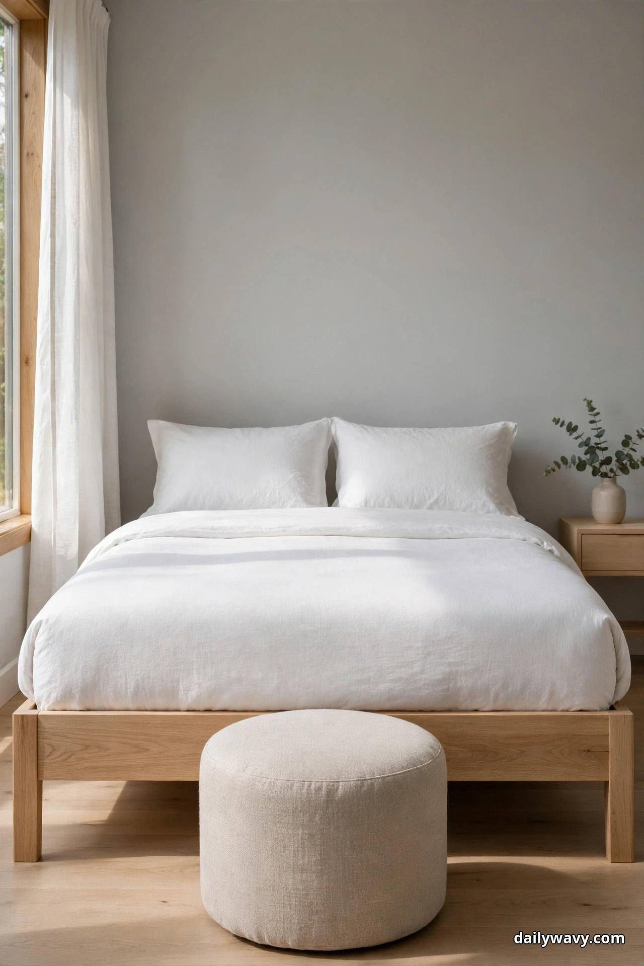 A round oatmeal linen storage ottoman sits centered at the foot of a light wood bed with white bedding against a soft gray wall