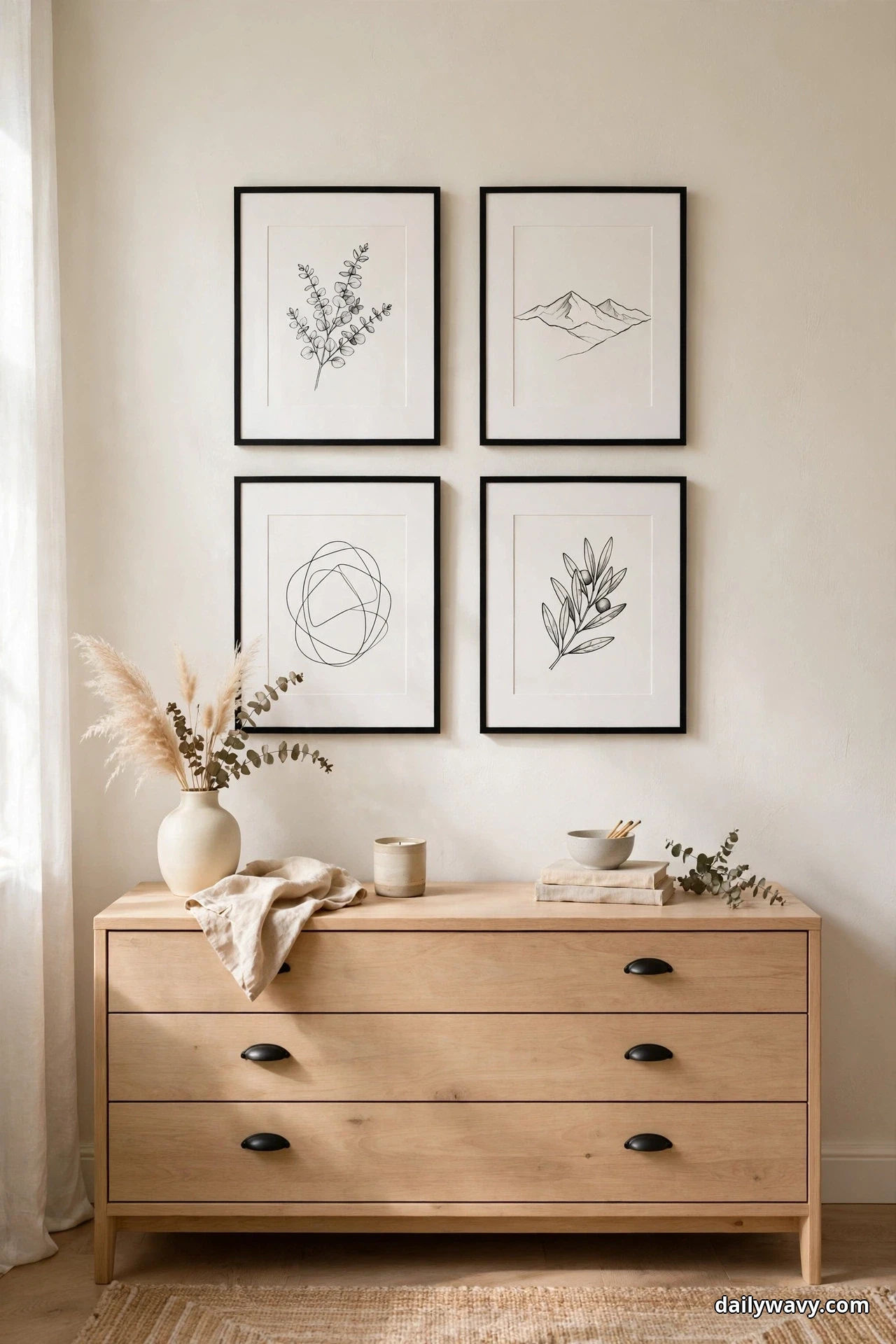 Four black-and-white line prints in thin black frames hang in a grid above a light wood dresser styled with a vase of pampas grass