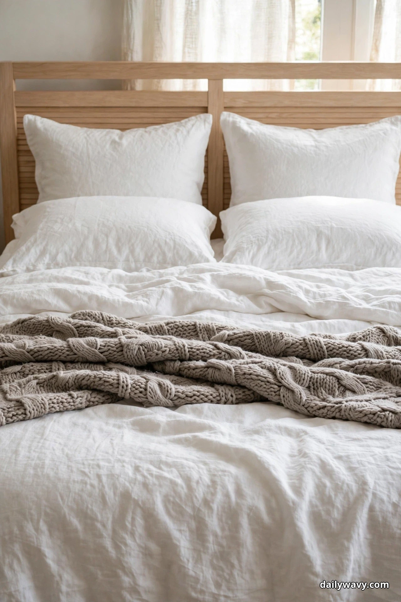 Layered white linen bedding with a warm gray chunky knit throw spread across the foot of a bed with a light wood slatted headboard