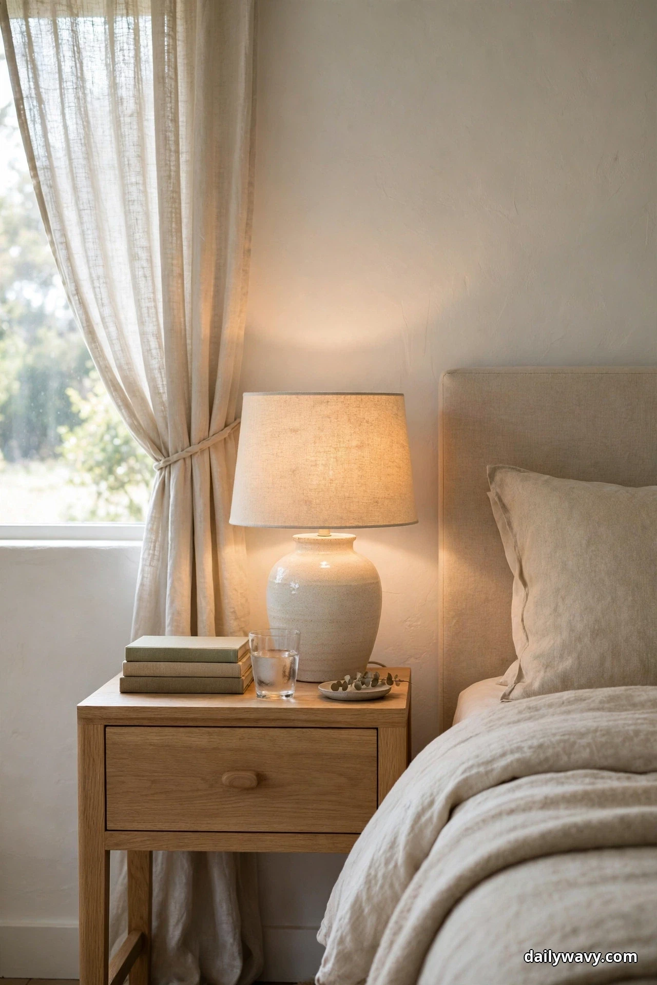 A light wood nightstand with a glowing ceramic lamp in a linen drum shade and a small stack of books stands beside a bed near a tied-back sheer curtain