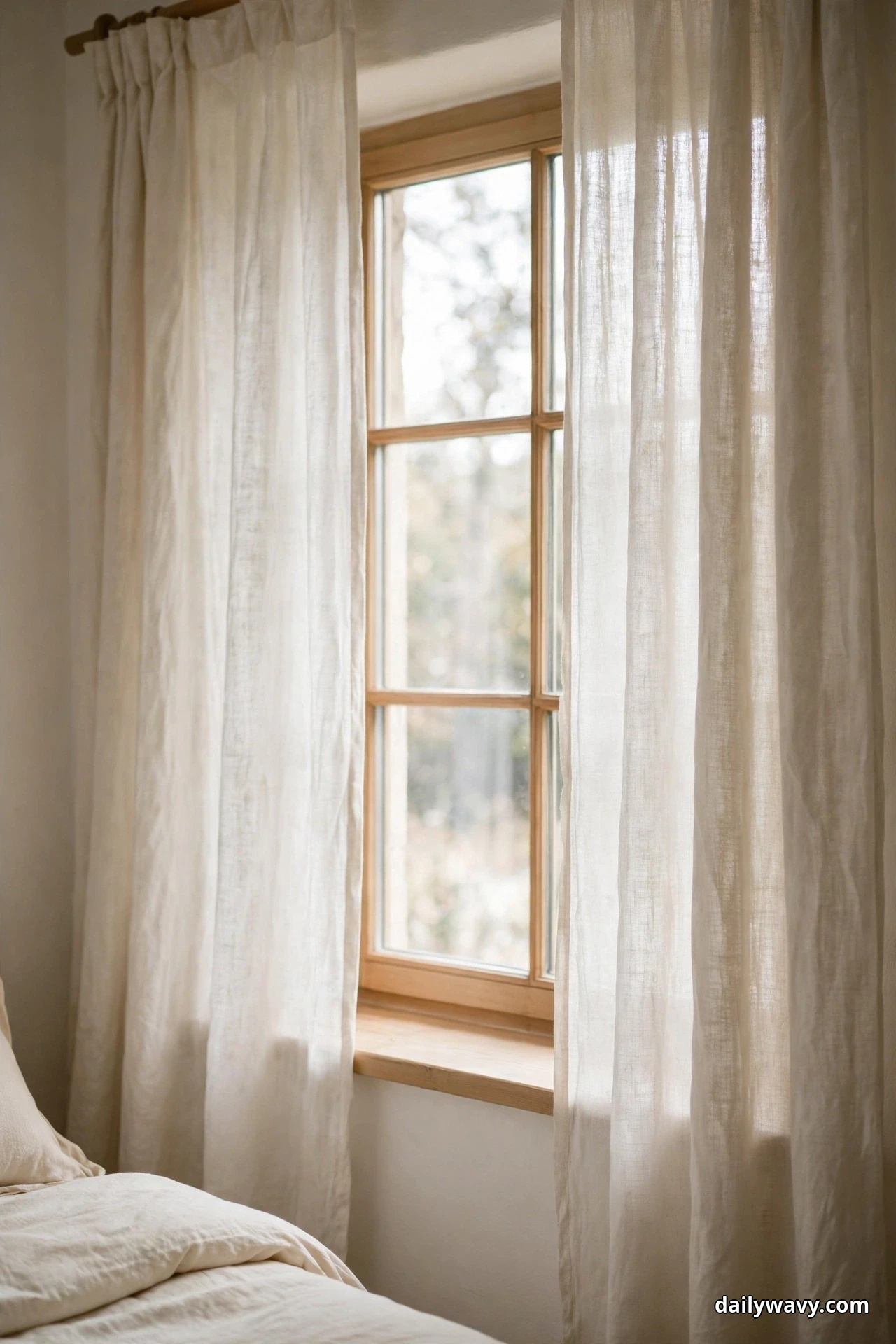 Full-length warm white linen curtains frame a wood-trimmed bedroom window and fall to the floor