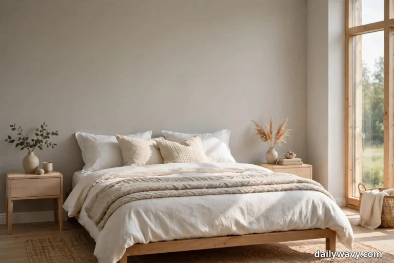 A Scandinavian bedroom with a light wood bed dressed in layered cream and white bedding and a beige knit throw stands against a pale warm gray wall between two light wood nightstands, with daylight streaming in from a tall window at the right