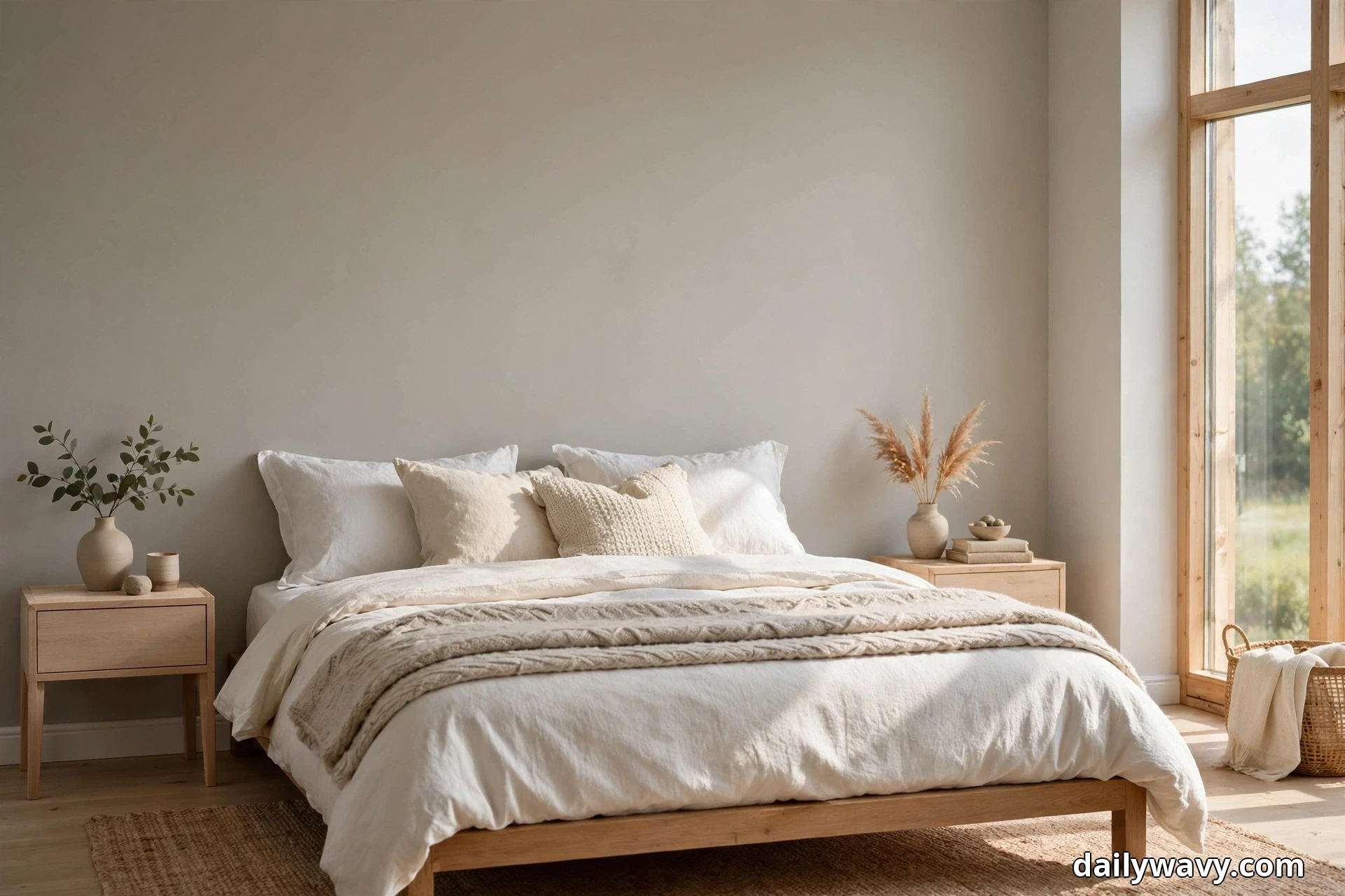 A Scandinavian bedroom with a light wood bed dressed in layered cream and white bedding and a beige knit throw stands against a pale warm gray wall between two light wood nightstands, with daylight streaming in from a tall window at the right