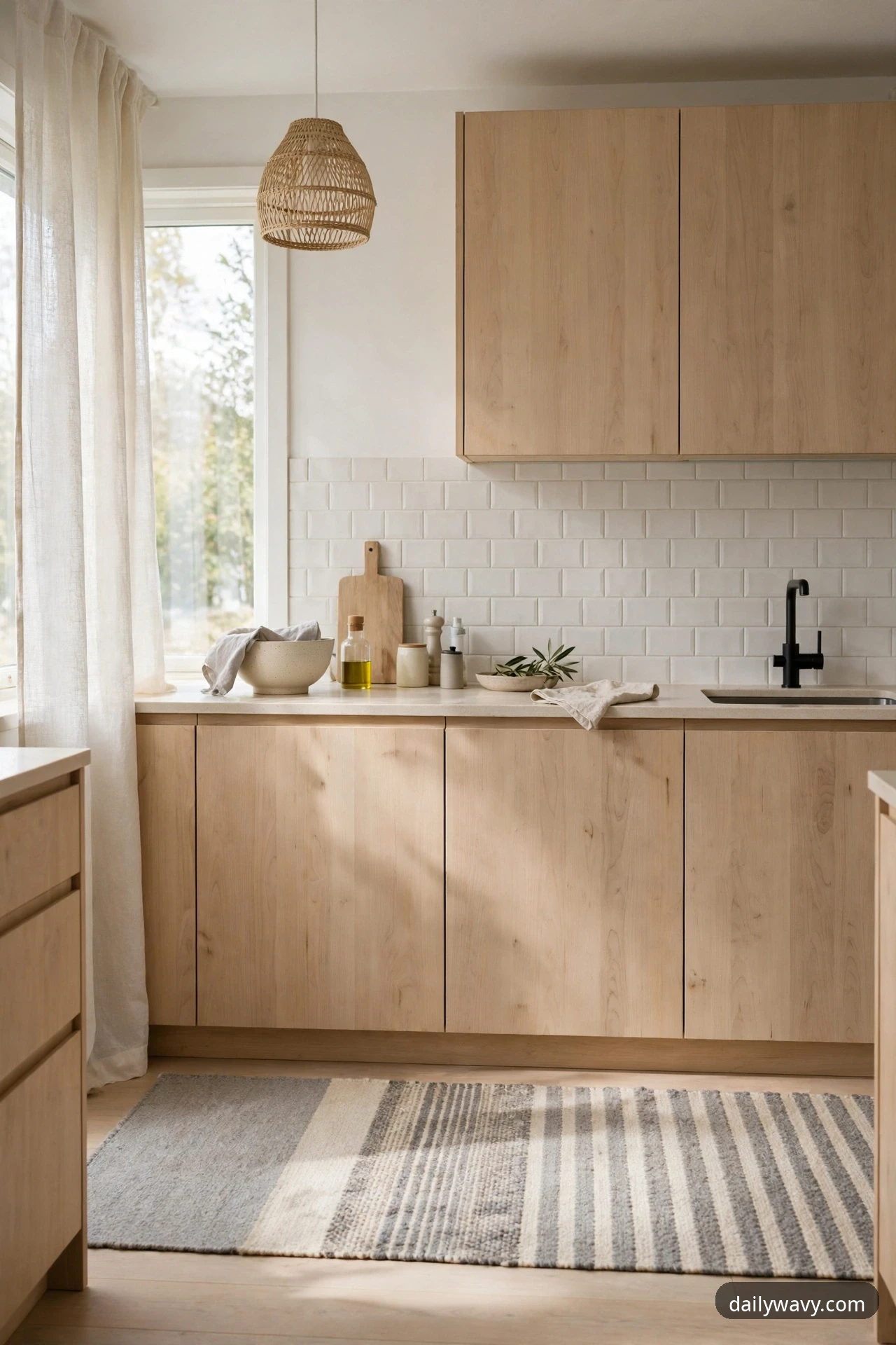 Washable flat-weave runner lying along the kitchen work zone in front of light wood cabinets