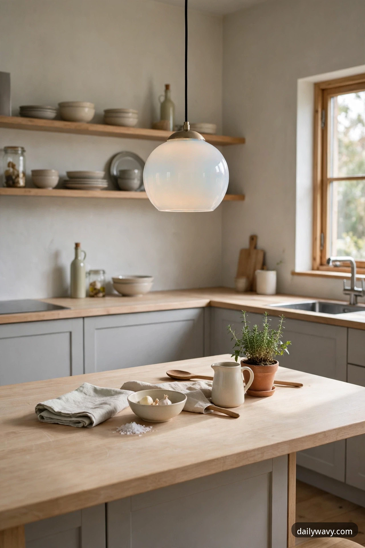 Single opal glass pendant light hanging over a kitchen island counter styled with a towel, bowl, pitcher, and potted herb
