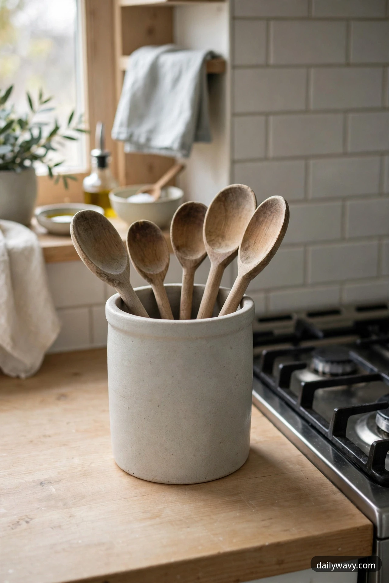 Matte ceramic utensil crock holding wooden spoons beside the stove